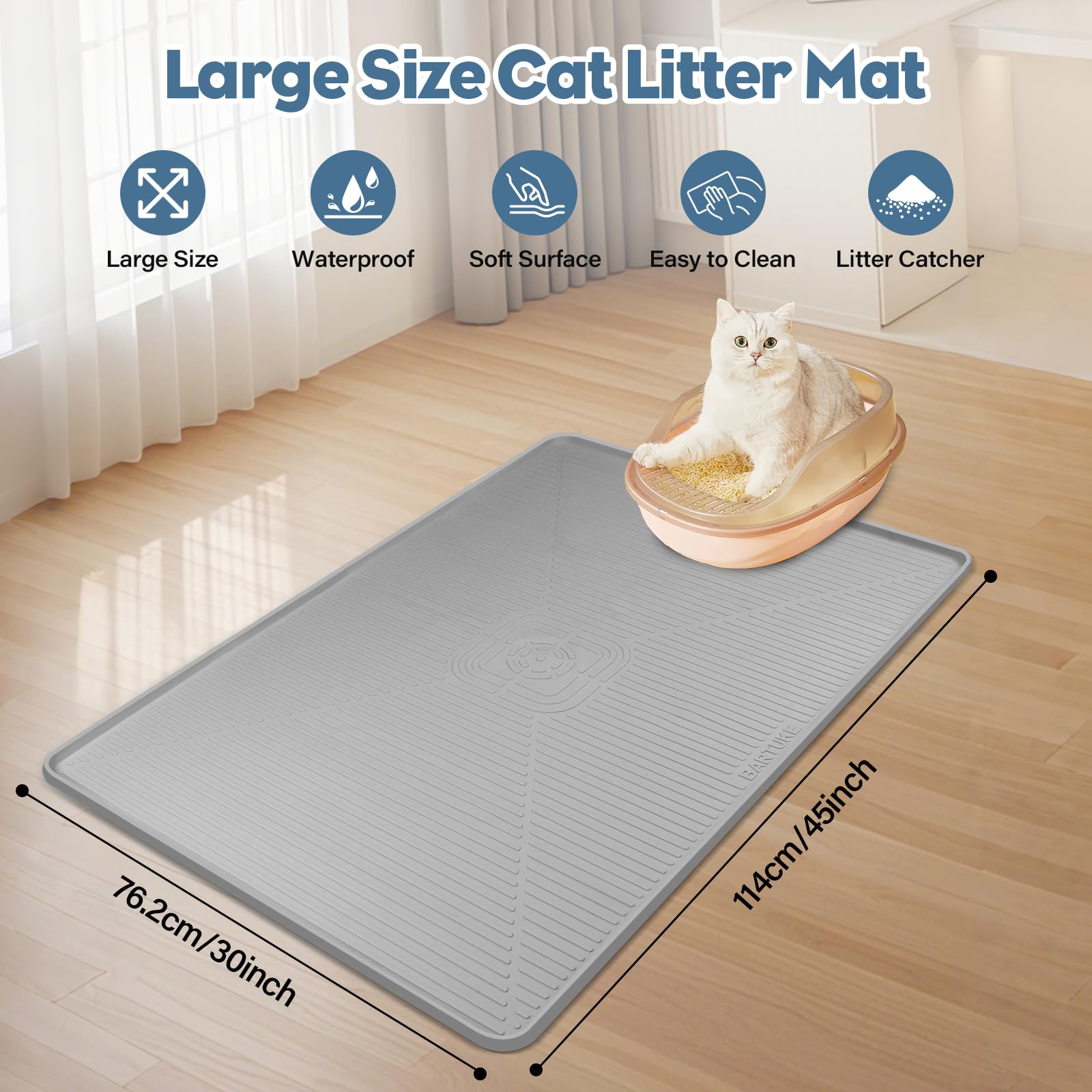 Kalolary Alfombra Arenero para Gato – Tapete de Silicona Impermeable, Antideslizante y Suave, Fácil de Limpiar, Multiuso para Arenero, Comedero, Cocina (Gris Clair, 45'' x 30'')