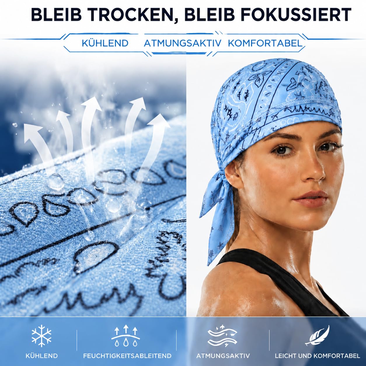 Generisch 5 Stück kühlendes Kopftuch Bandana, elastische Passform 55-60cm, schnelltrocknend und atmungsaktiv, praktisches Helm-Innenfutter, vielseitiger Kopfwickel für Sommer(