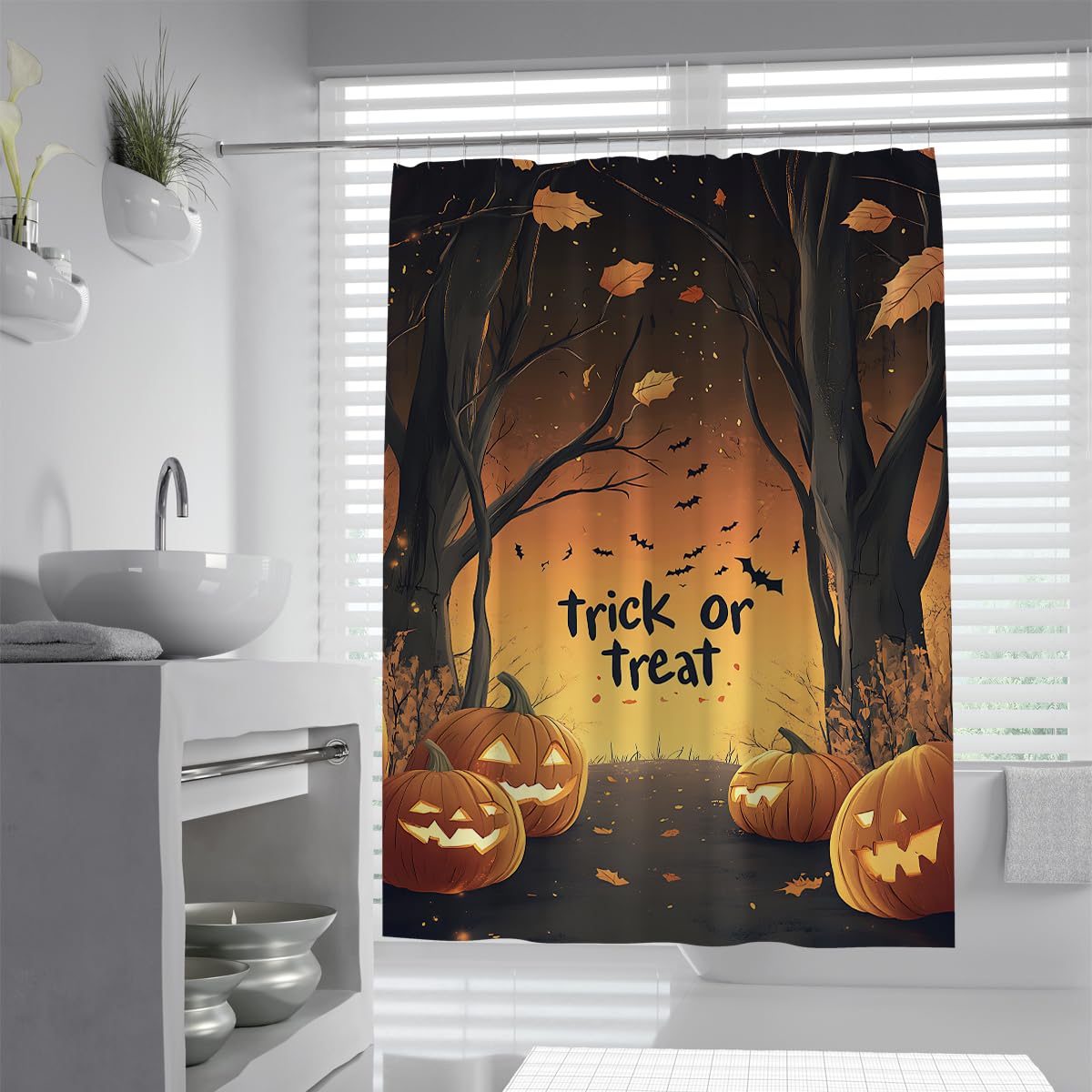 UIRINGART Trick or Treat Halloween Pumpkin Bath Screen W120xL180cm Spooky Autumn Forest Leaves Flying Bat Pattern Quick Drying Waterproof Shower Curtains for Walk-in Shower with Hooks