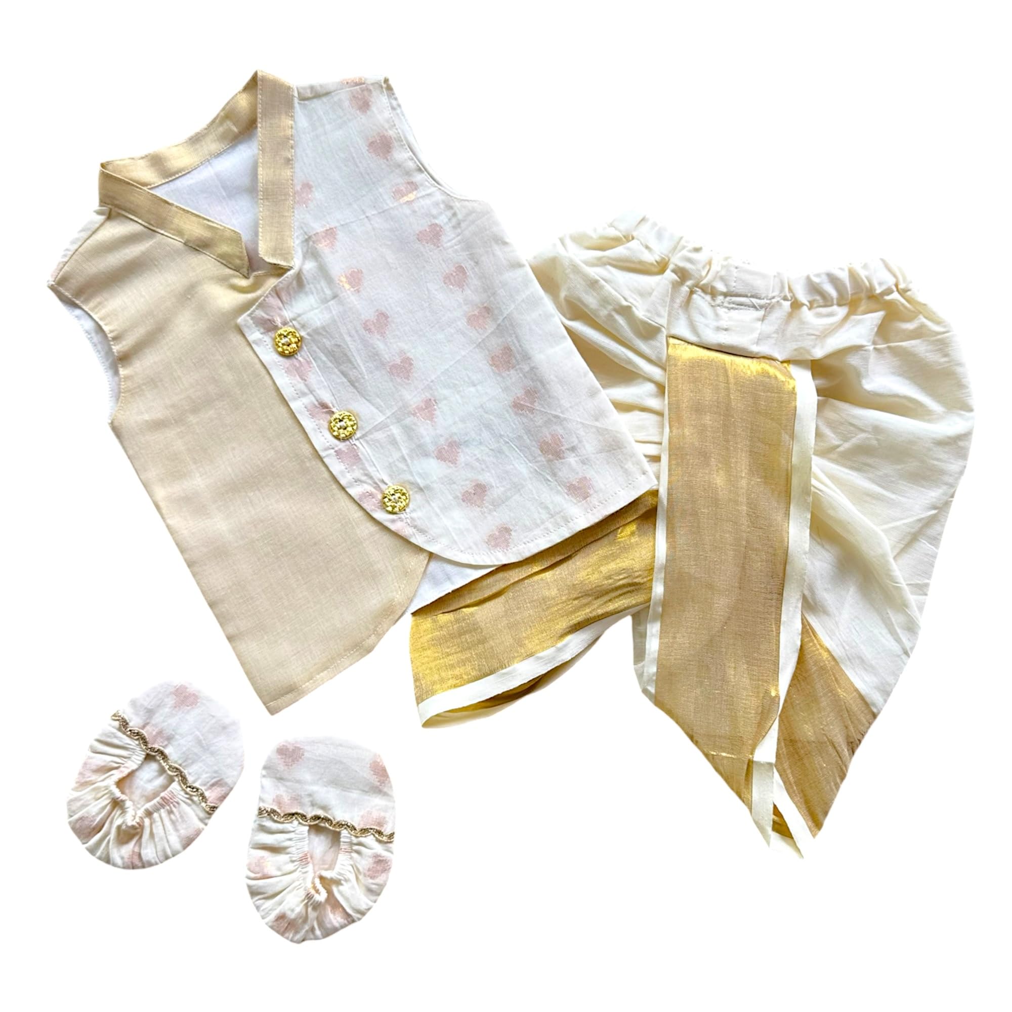 Baby boy Short Kurta-Dhoti Pants-Booties Set/Naming ceremony set (Hearts-Kerala Kasavu)-image-6