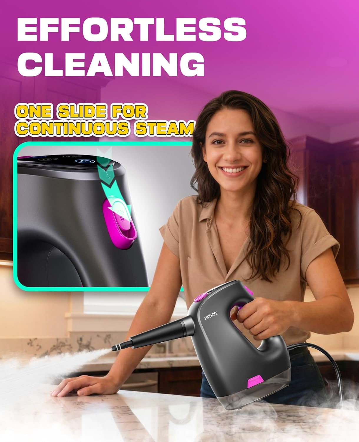 POPCHOSE Steam Cleaner with Detergent Dispenser,15s Heat-Up Handheld Steam Cleaner for Home, 500ml Removable Water Tank, Lightweight Portable Steamer for Cleaning Grout, Windows, Kitchen, Easy Refill