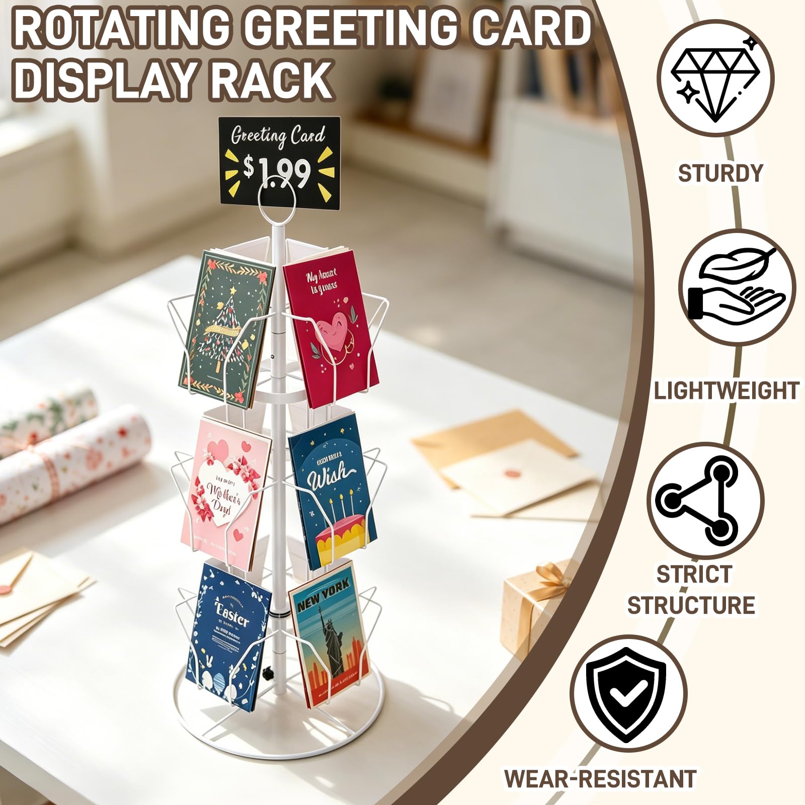 Soporte Para Postales, Tarjetero MetáLico De 3 Niveles Con RotacióN De 360° Y 12 Ranuras Color Blanco Para Postales Pegatinas Fotos Sellos Exposiciones Y Mercados