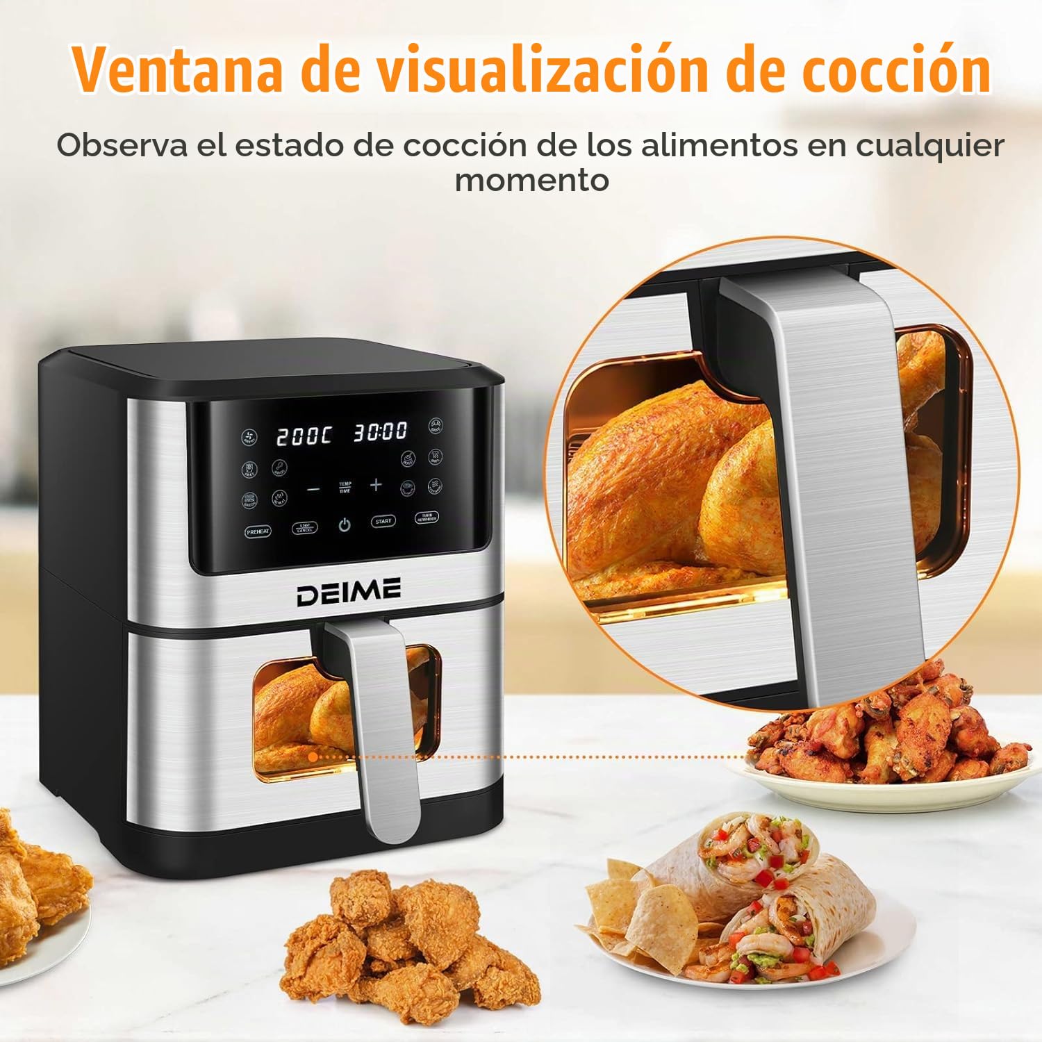 Freidora de Aire 10 Funciones, 6L, 1500W, Control Digital de Temperatura 80-200°C y Tiempo, Temporizador hasta 60 min. Pantalla LED, Ventana de Cocción Visible, Antideslizante. (6 LITROS)