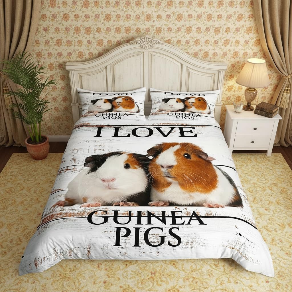 Housse de couette cochon d'Inde bois blanc 155x220 avec taie d'oreiller pour lit ado fille