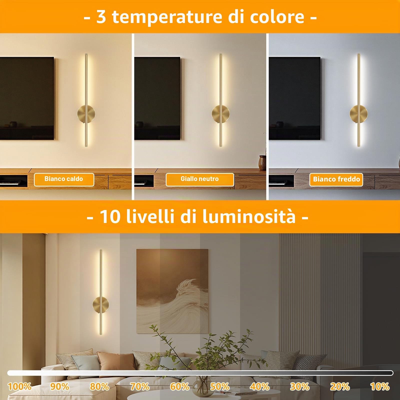Applique da Parete Interno LED Ricaricabile 2 PCS - Lampada Comodino Con Interruttore/Telecomando Dorata 60CM - Lampada da Parete Dimmable 3 Temp. Color per Camera da Letto, Soggiorno, Scale