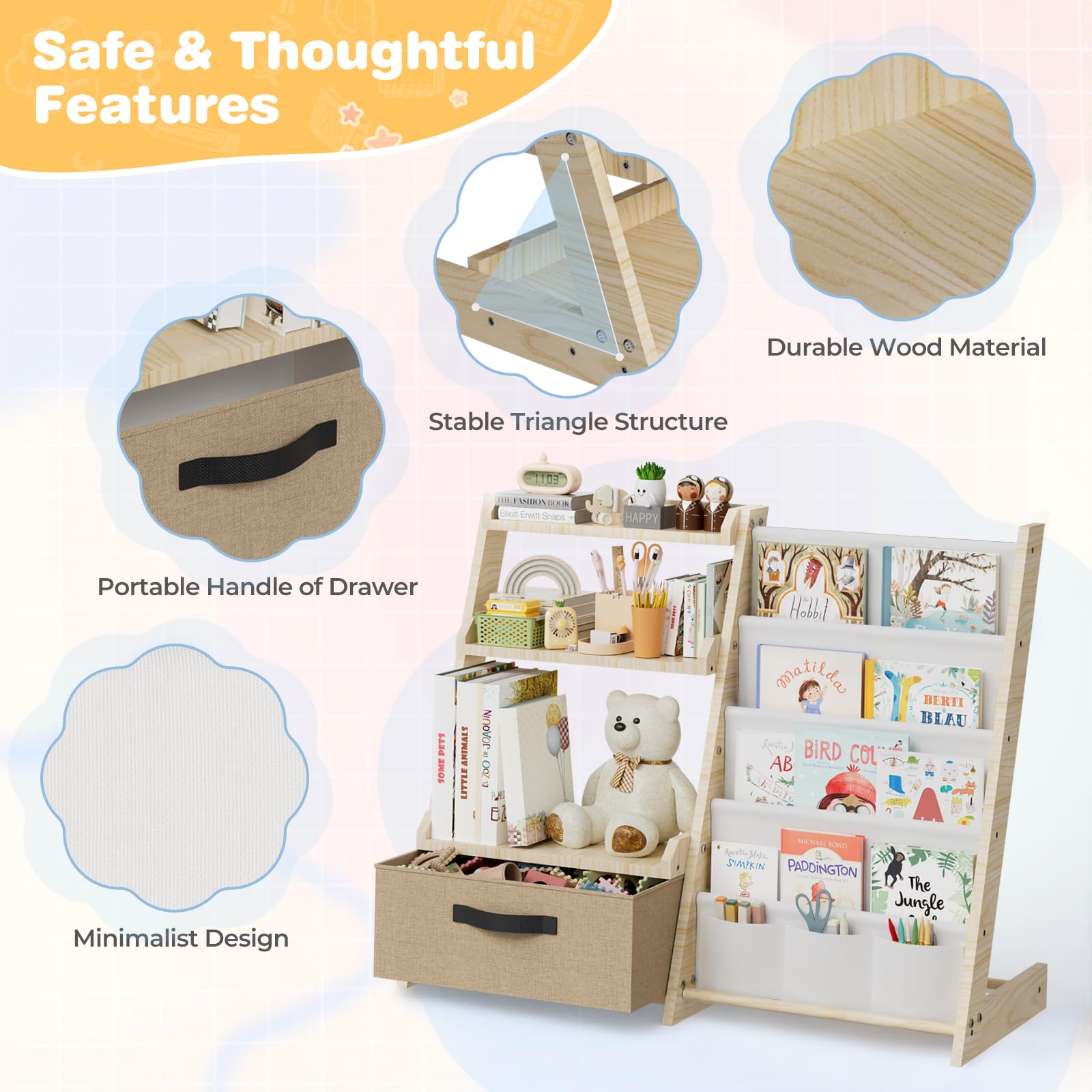 Scaffale per bambini con organizer per giocattoli 2 in 1 - Libreria in legno e tessuto con 4 scomparti, cassetto e tasche portapenne, scaffale sicuro per bambini, altezza 68 cm, per cameretta