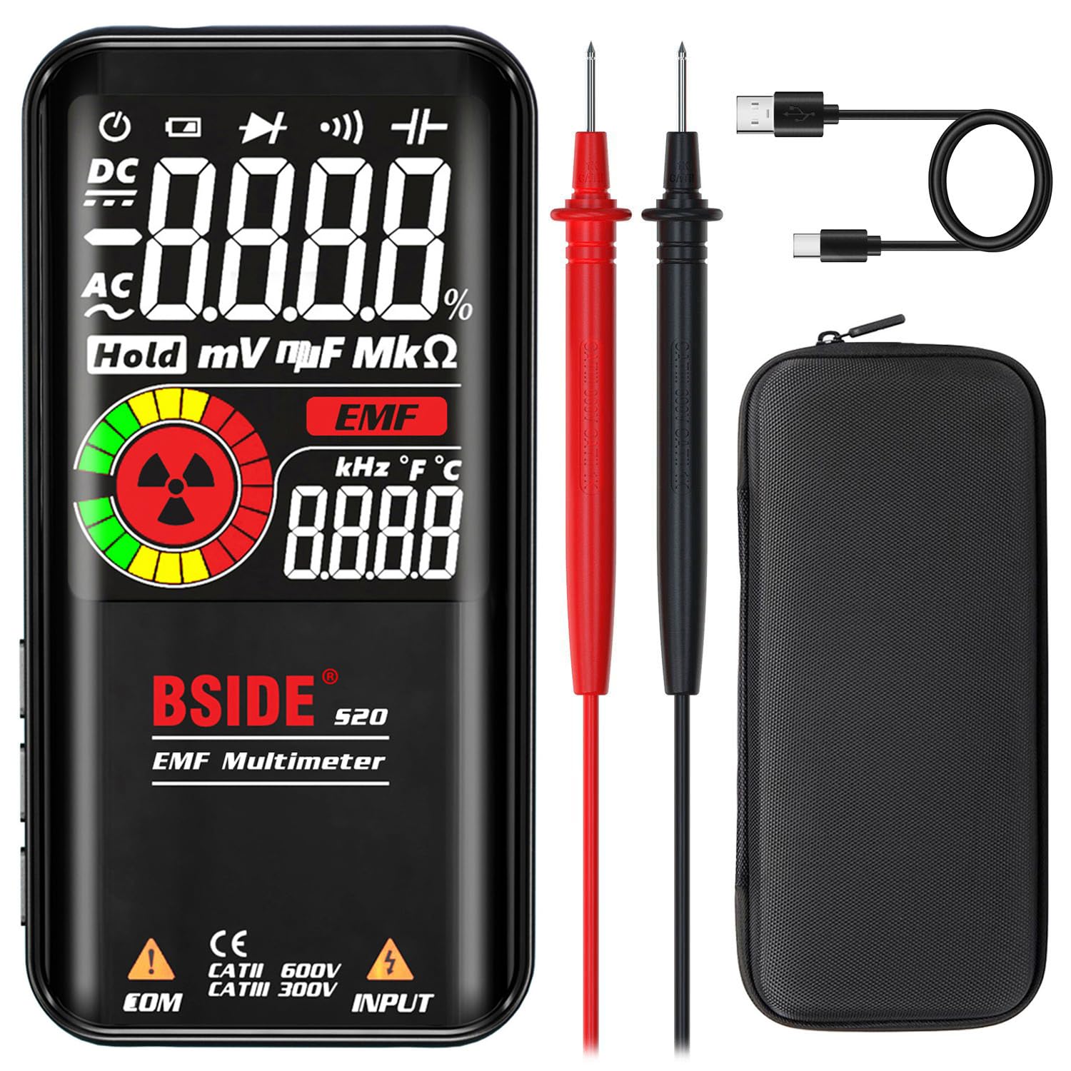 BSIDE Akumulator cyfrowy multimetr kolorowy wyświetlacz LCD z 3 wynikami 9999 zliczeń automatyczny wykrywacz EMF pojemność tester napięcia z etui ochronnym