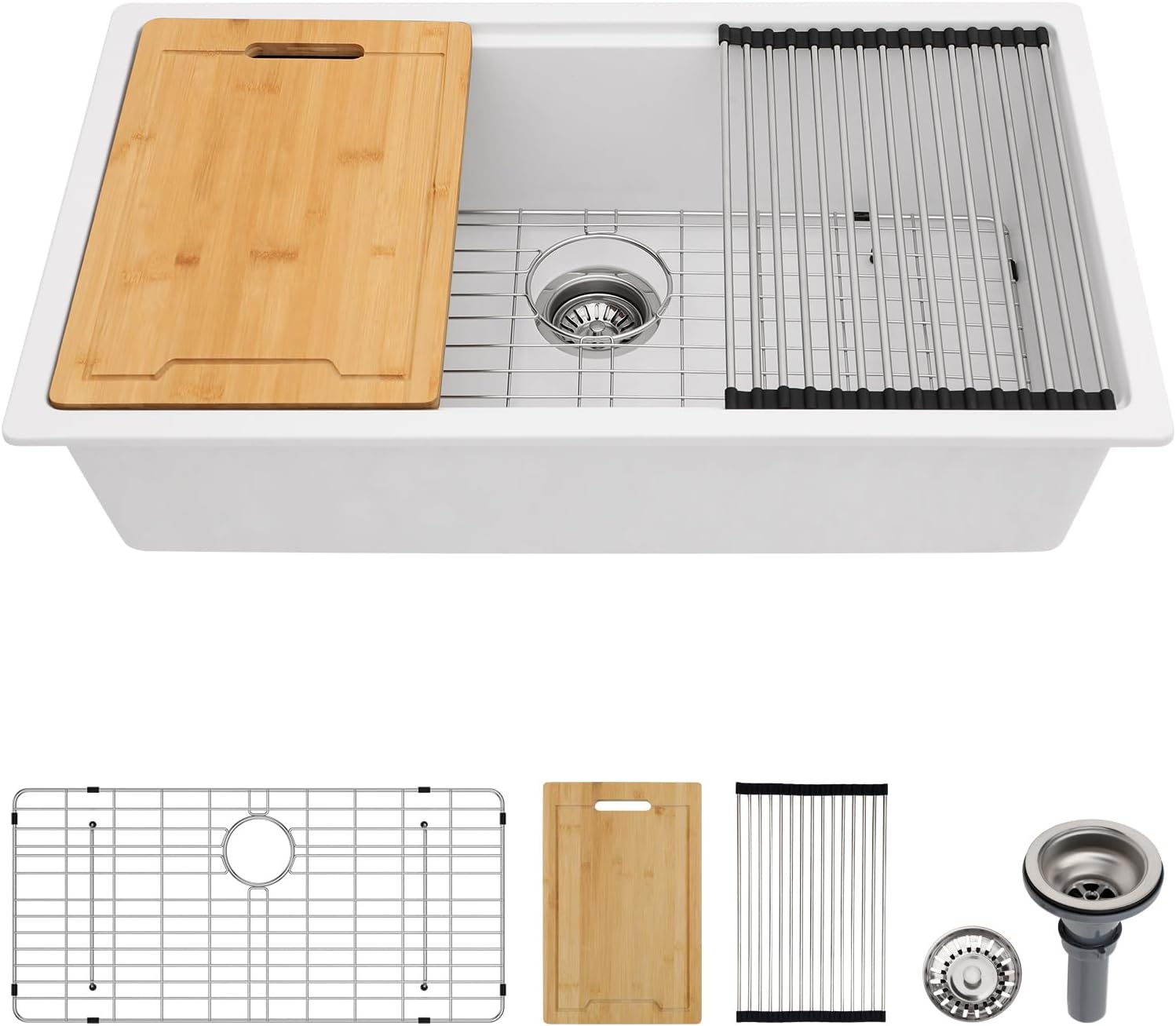 Lordear 30 White Kitchen Sink Undermount - 30x19 Inch Granite Composite white Deep Single Bowl Workstation Undermount Kitchen Granite Quartz Sinks