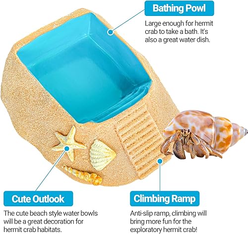REPTIZOO Hermit Crab Water Bowl with Climbing Ramp, Resin Hermit Crab Water Food Dish and Bathing Pool Beach Style Reptile Ramp Bow Basking Platform for Turtles, Lizard, Frog, Gecko