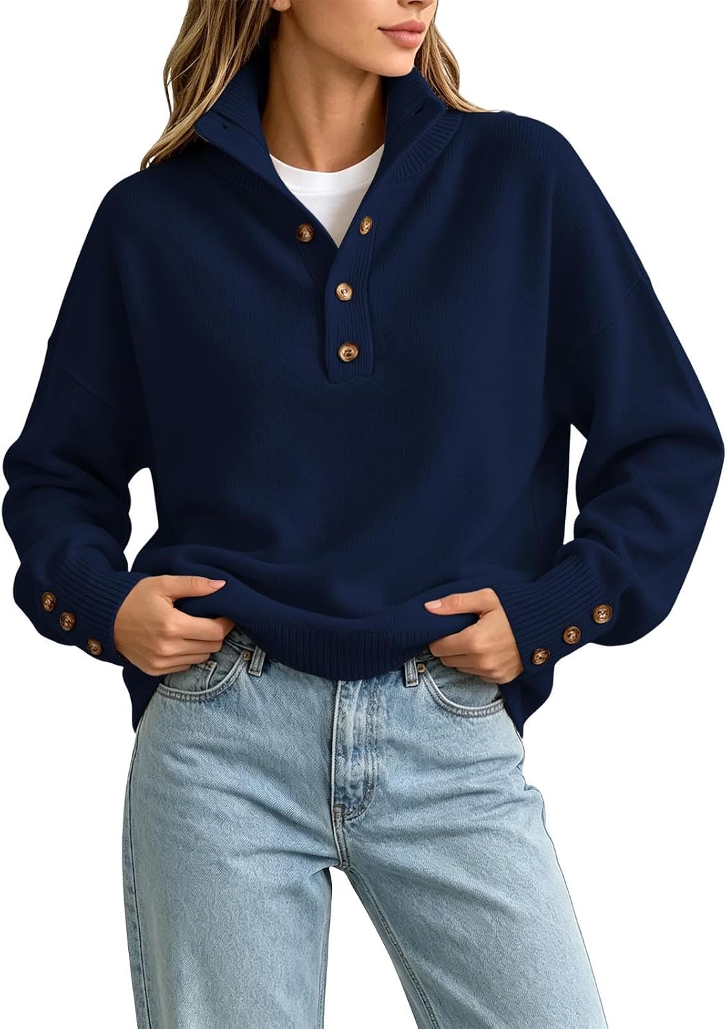 Womens Henley Stand Collar Knit Pullover Button Long Sleeve Sweater