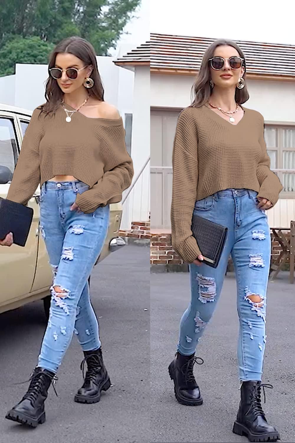 Jumppmile Womens V Neck Waffle Knit Cropped Top Long Sleeve Pullover Crop Sweater - Image 3