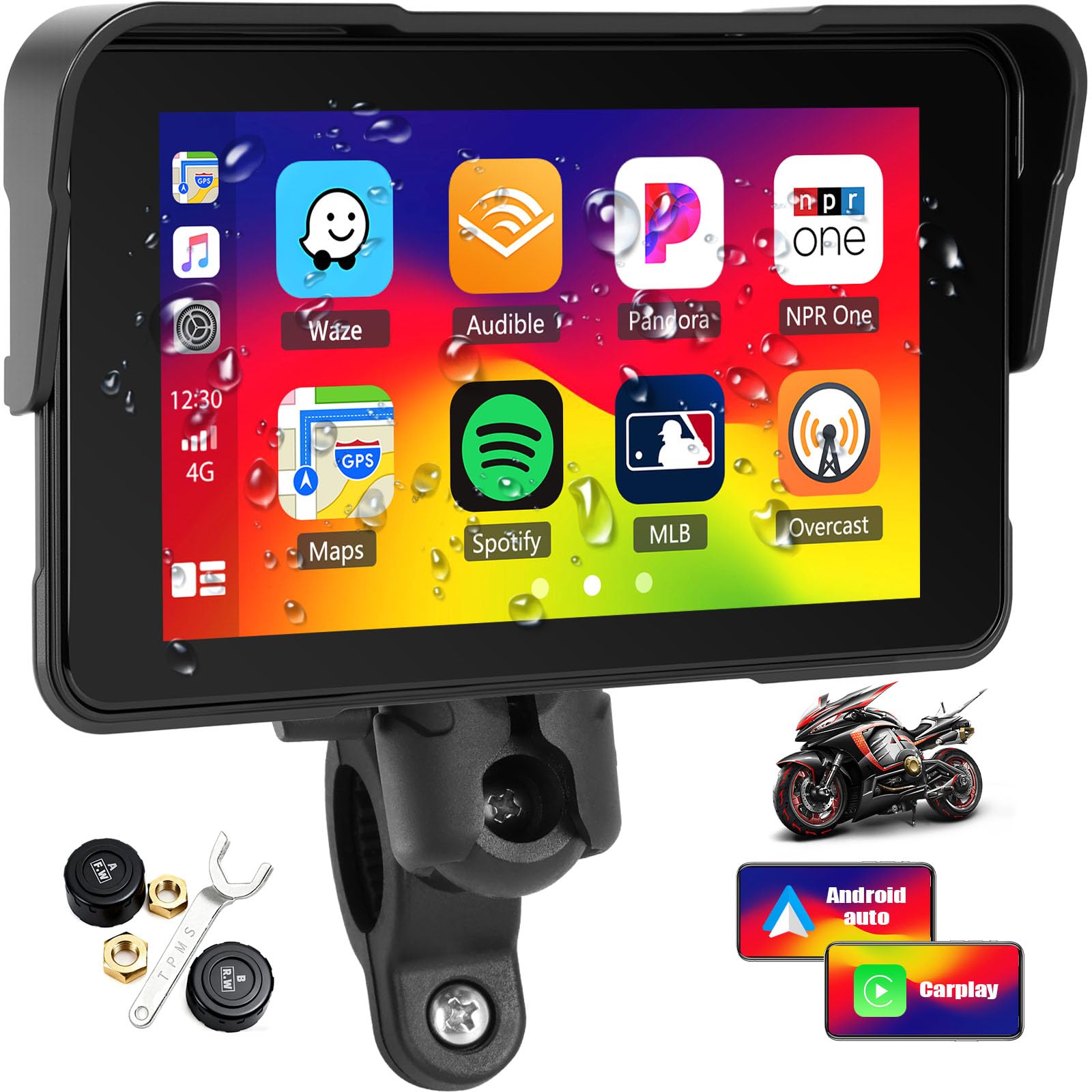 OiLiehu Motorrad GPS Wireless Portable CarPlay und Android Auto, 5 Zoll wasserdichtes Motorrad-Display mit Helligkeitseinstellung, Reifendruckerkennung, abnehmbarer Ständer, Plug and Play