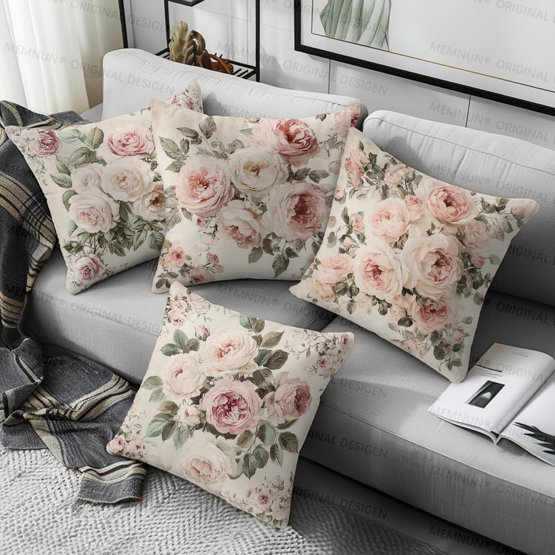 Vintage Pink Rose Pillow Covers, 18X18 inch Set of 4 Floral Pillow Cover Outdoor Pillow Cases Decorative Cushion Covers Farmhouse Home Garden Sofa Decor