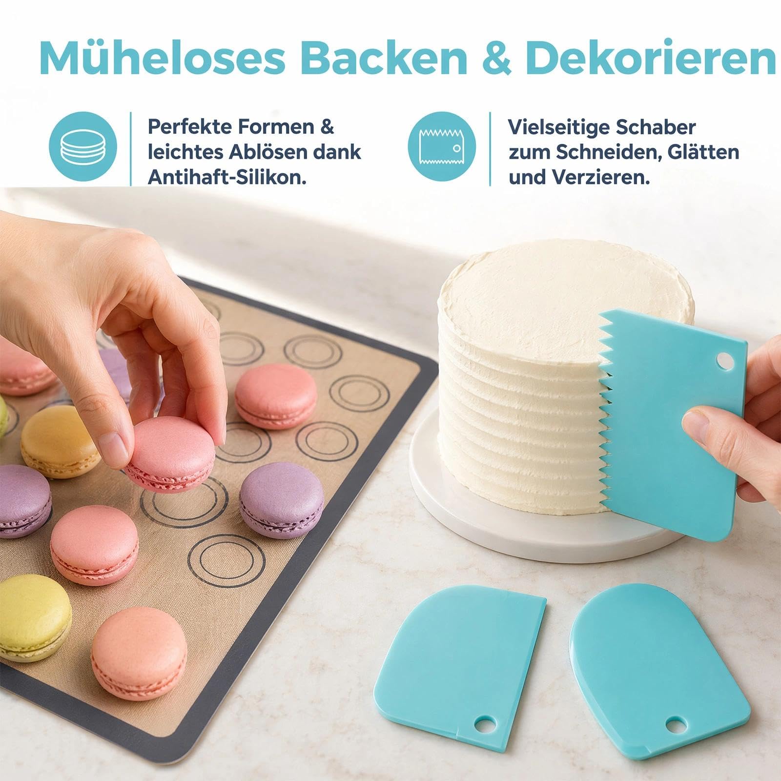 3 tappetini da forno in silicone per macaron, 42 x 29,5 cm, tappetino in silicone, facile da pulire, antiaderente, con raschietto blu, per torte, pane, biscotti, pizza