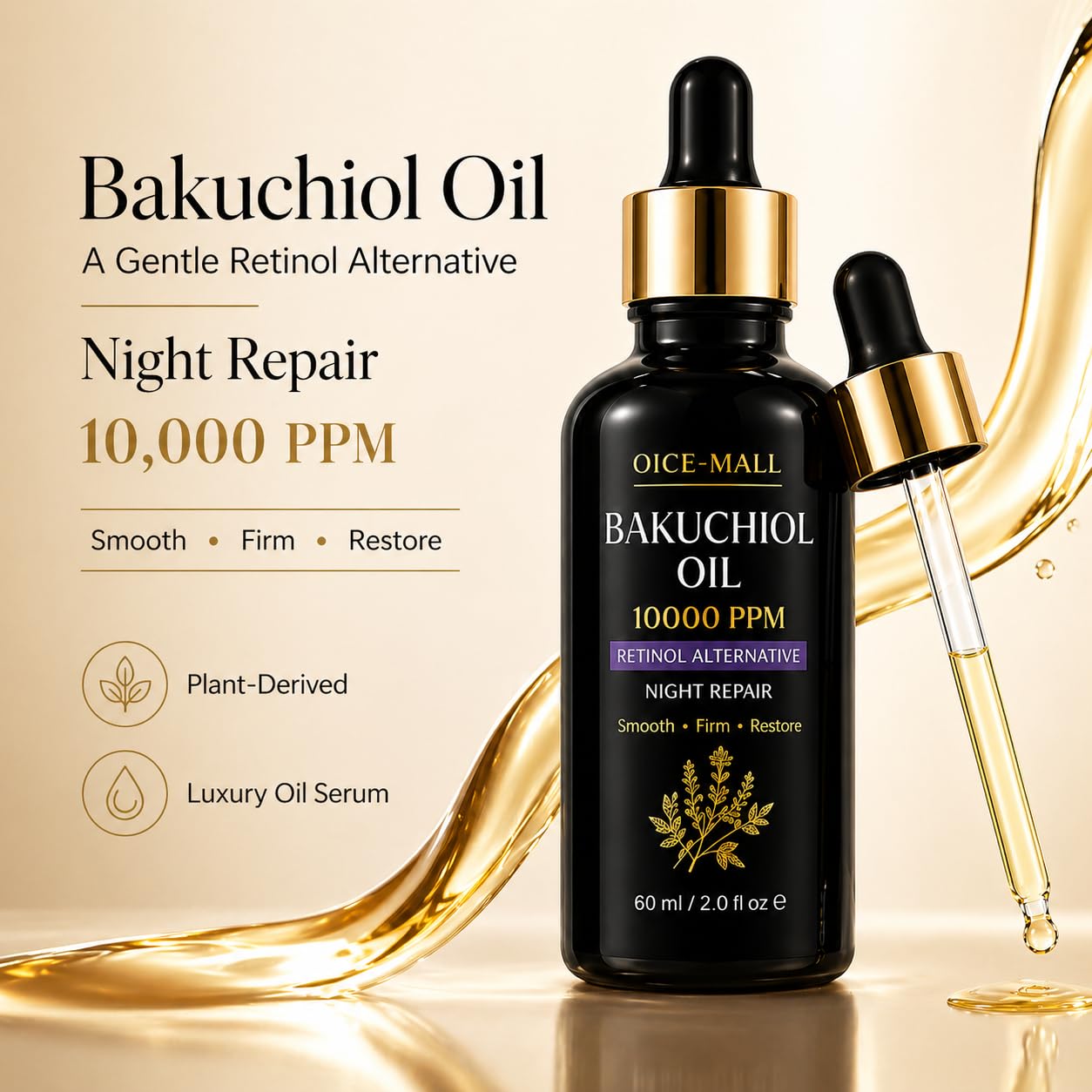 Bakuchiol Oil 10000 PPM, Plant-Based Retinol Alternative Facial Oil, Night Repair Face Oil for Fine Lines, Firmness & Radiance, Lightweight Anti Aging Oil with Squalane, Rosehip & Marula, 2 fl.oz