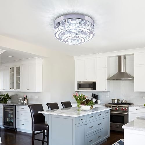 Miniatura 6 de CXGLEAMING Candelabro pequeño de cristal de 11.4 pulgadas, moderno montaje empotrado, lámpara LED redonda con control remoto para dormitorio,