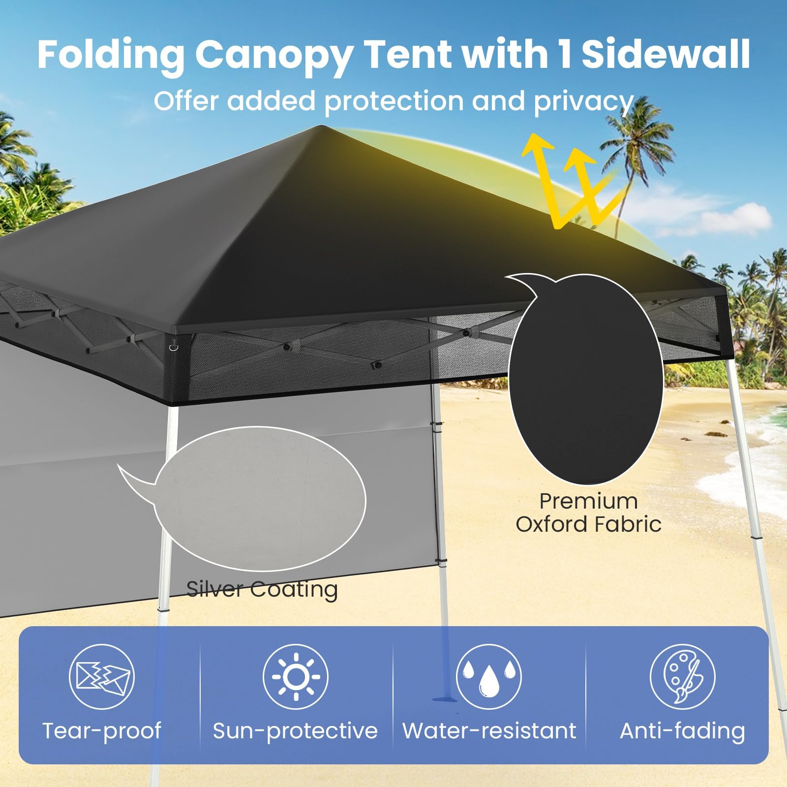 FANTASK Tonnelle Pop-up - Réglable en Hauteur - Imperméable et résistante à l'hiver - avec paroi latérale et Crochets de Sol - pour Jardin, fête - Noir