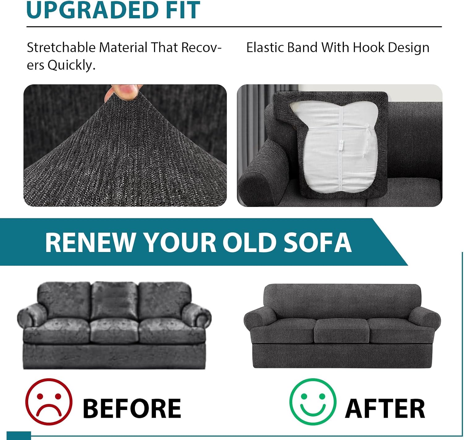 4 Piece T Cushion Sofa Slipcovers Stretch Couch Cover Furniture Covers with 3 Individual T Cushion Covers, Machine Washable for Living Room (Dark Gray, 3 Cushions)