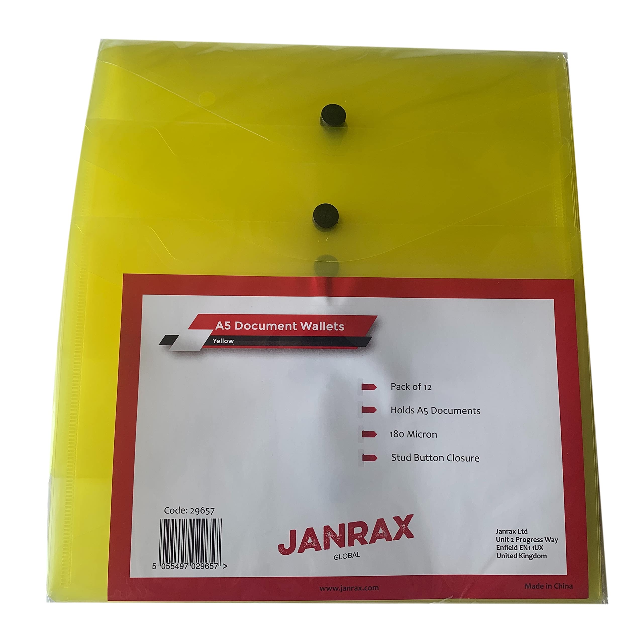 Pack of 36 Janrax A5 Yellow Document Wallets - Button Stud Folder