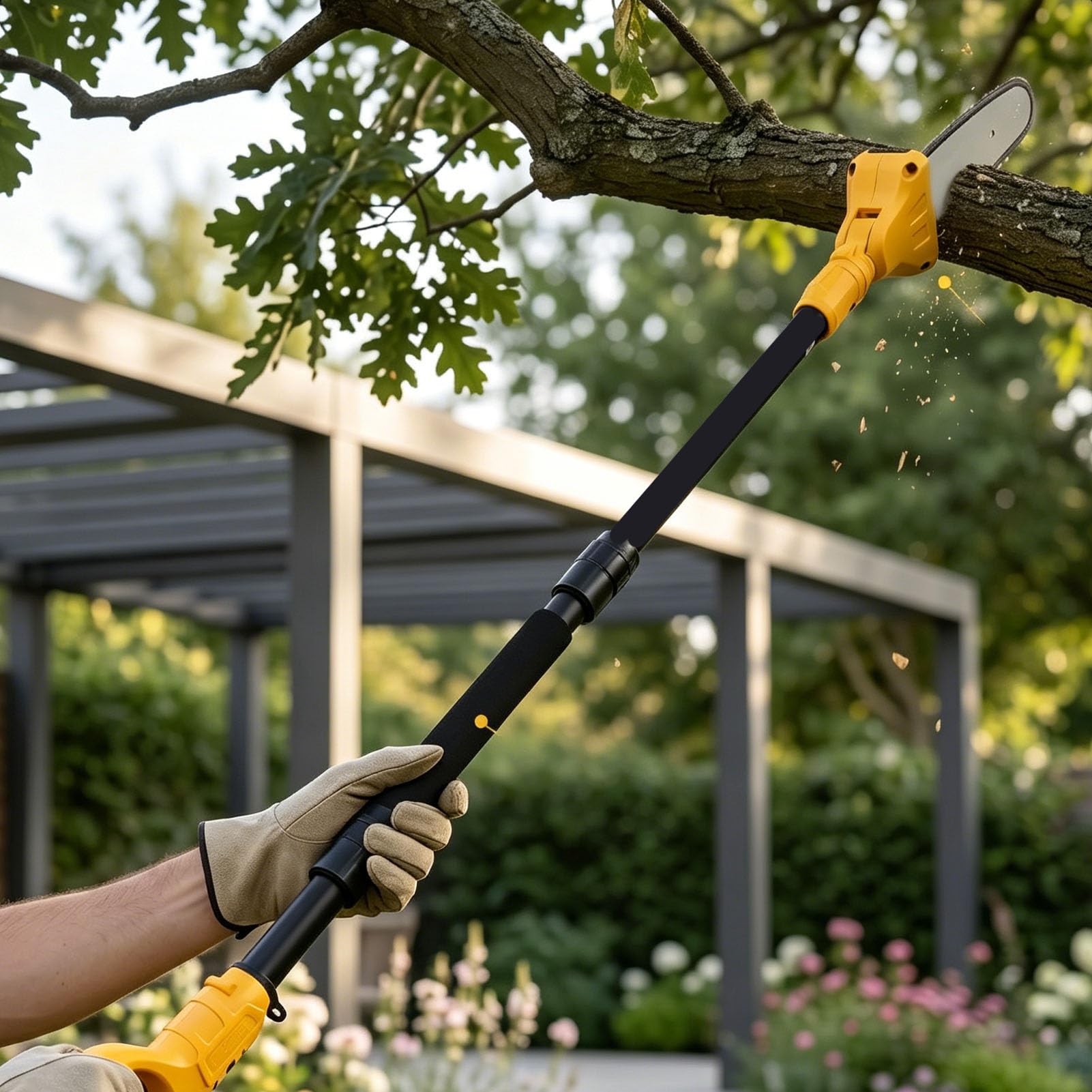 Potatore a Batteria da 4,92 Piedi con Asta per per Rami Alta con Testa Rotante a 180° per Facili Operazioni di Taglio e Potatura degli Alberi - Lunghezza Regolabile e Impugnatura Ergonomica