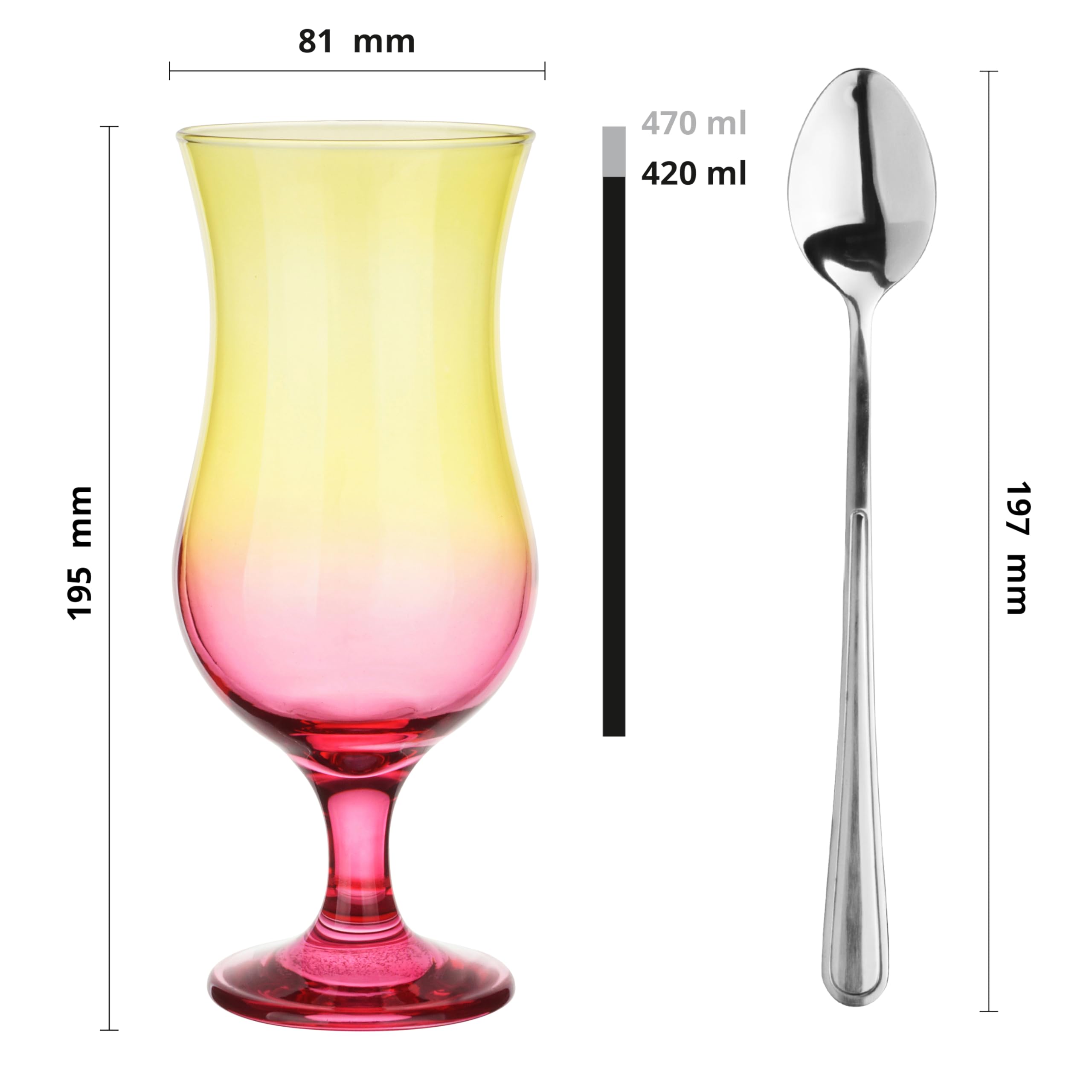 Glasmark A570032-0420-5246-LD Set di 6 Bicchieri da Cocktail Max 480 ml Rosa colorato + cucchiaino Lungo, Vetro e Acciaio Inox