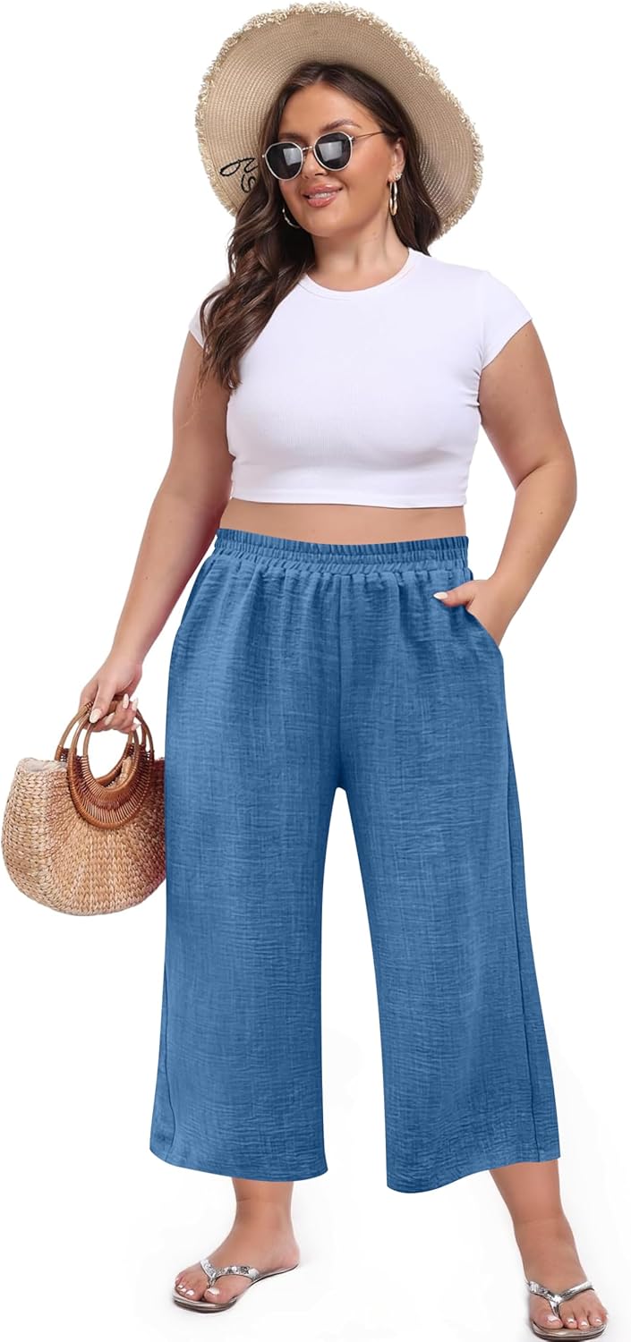 Womens Wide Leg Capri Pants Summer Palazzo Dressy Casual Pant Beach Loose High Waist Lounge Trouser with Pockets - Image 6