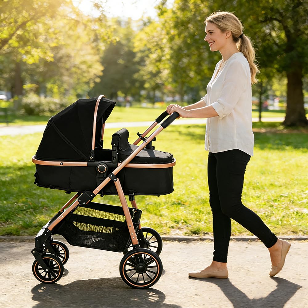 Poussette 3 en 1,Haute Vue Poussette Bebe Pliante,Voyage Pour Bébé 0 à 4ans | Panier de couchage panier 2 en 1, siège amovible, Auvent pliant