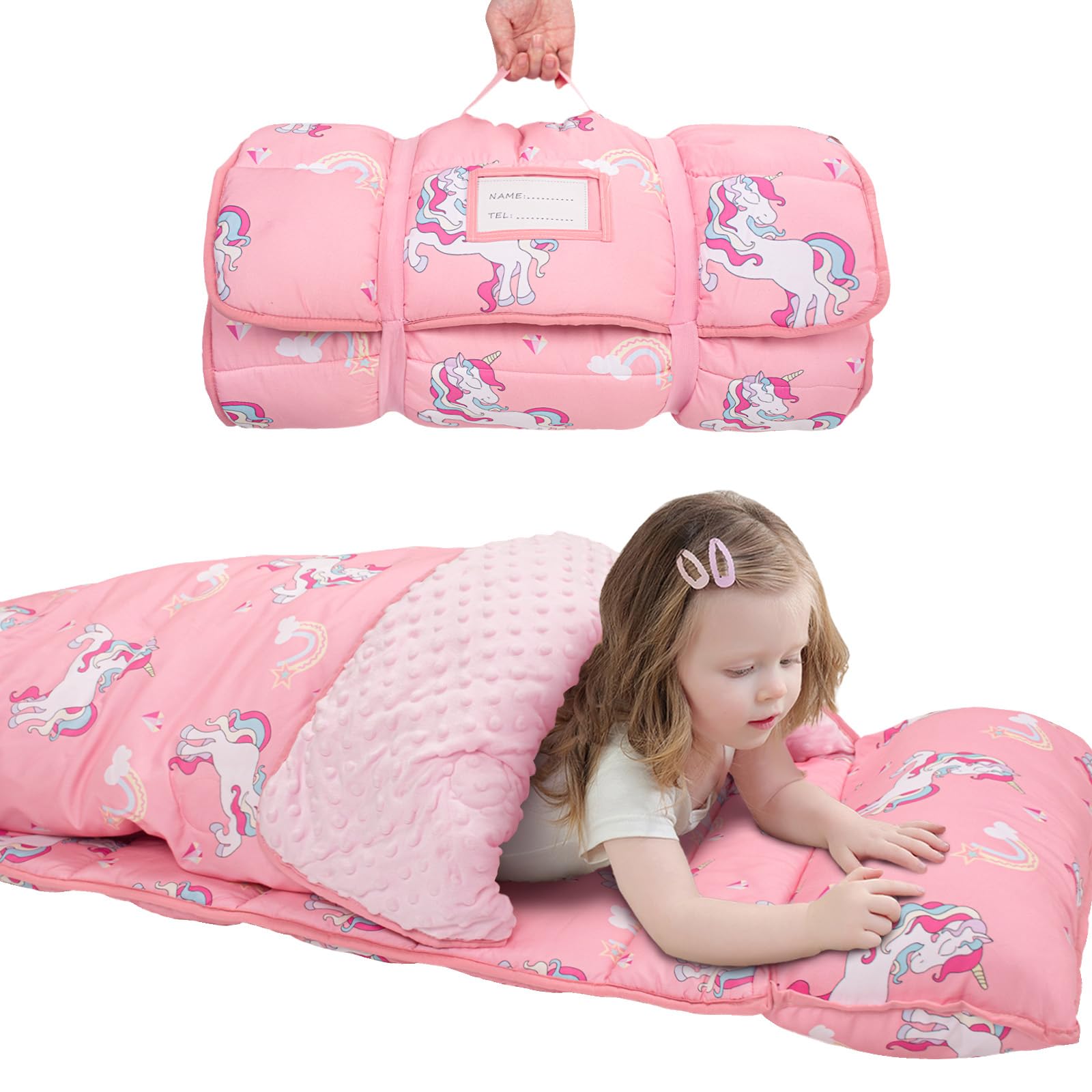 Toddler Nap Blanket with Name Tag, Soft Minky Dot, Cute Print, Removable Pillow, Lightweight and Travel-Friendly Nap Mat