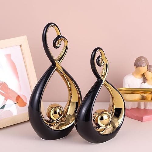Miniatura 5 de 2 piezas de decoración negra y dorada, decoración moderna de mesa de arte abstracto, estatua de cerámica moderna para decoración del hogar, adornos