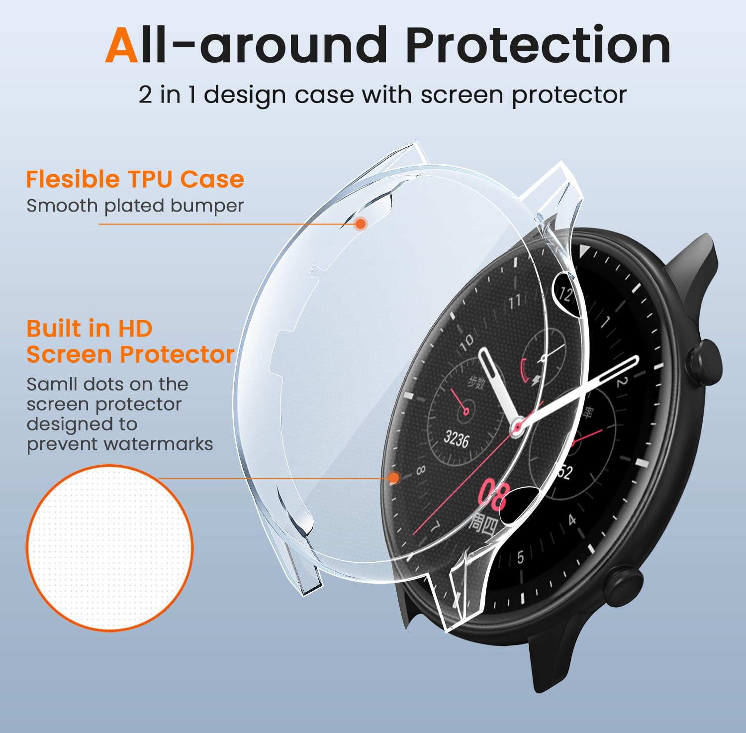 ivoler 3 sztuki etui z osłoną ekranu do Amazfit GTR 2 / Amazfit GTR 2e, pełne etui ochronne z miękkiego TPU cienkie, odporne na wstrząsy odporne na zarysowania (2 przezroczyste 1 czarne)