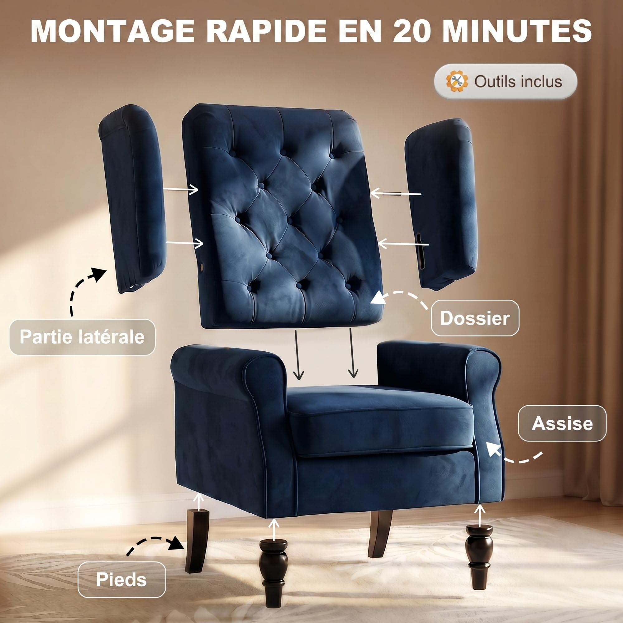 HOMCOM Fauteuil de Salon, Fauteuil Capitonné avec Pieds en Bois, Assise Large, Grand Confort, Style Classique, 74 x 86 x 102 cm, Bleu Foncé