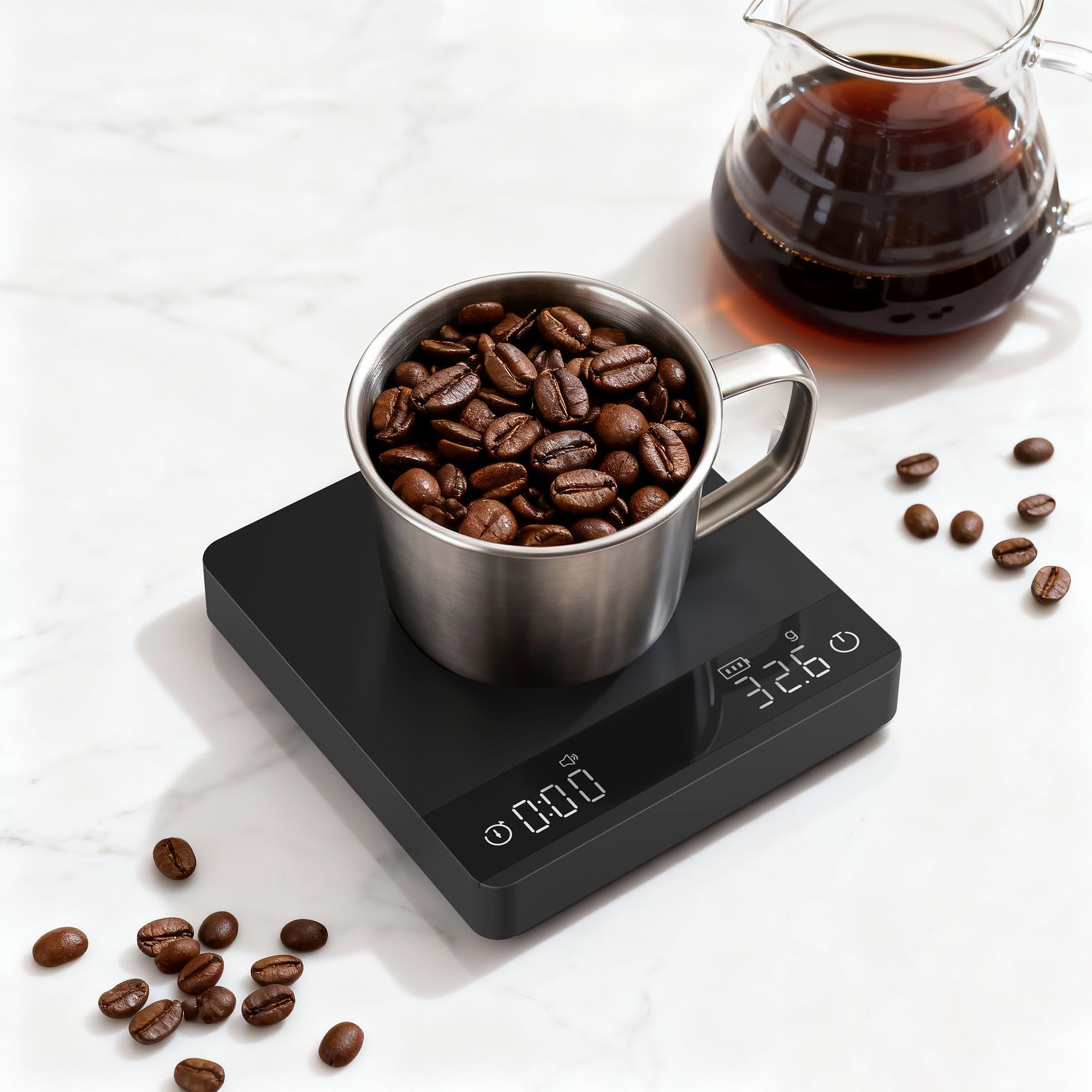 Báscula de café, mini báscula de espresso con temporizador, báscula de cocina de metal con sincronización automática, proporciones y visualización de caudal, grado barista para verter, espresso