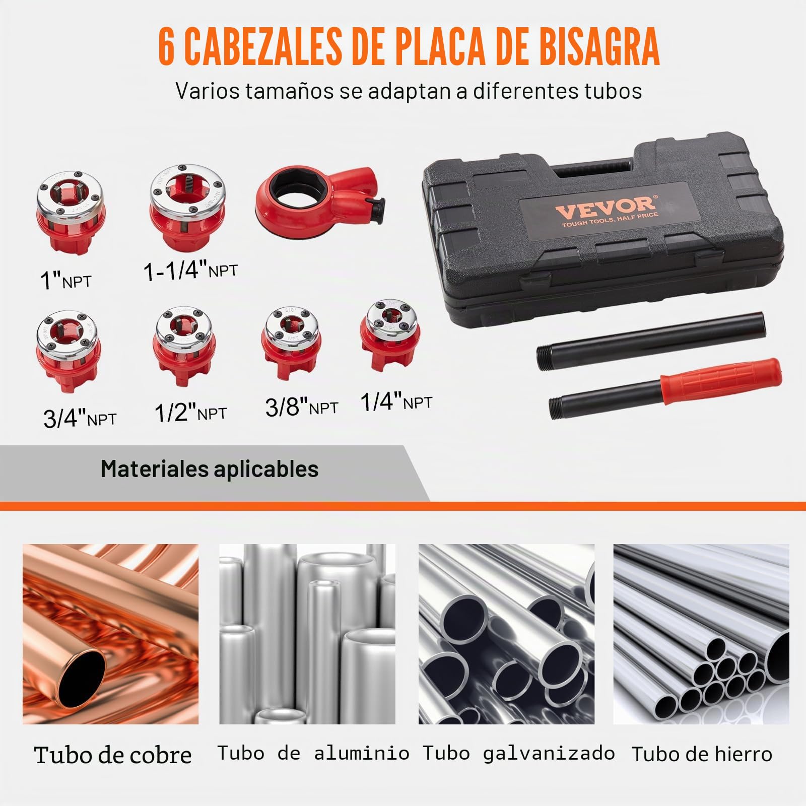 VEVOR Kit de Roscado de Tubos con Trinquete 1/4" NPT ~ 1-1/4" NPT Juego de Troqueles de Fontanero Manual Portátil 6 Troqueles NPT Estuche de Almacenamiento para Plomería Tubos de Aluminio Hierro Cobre