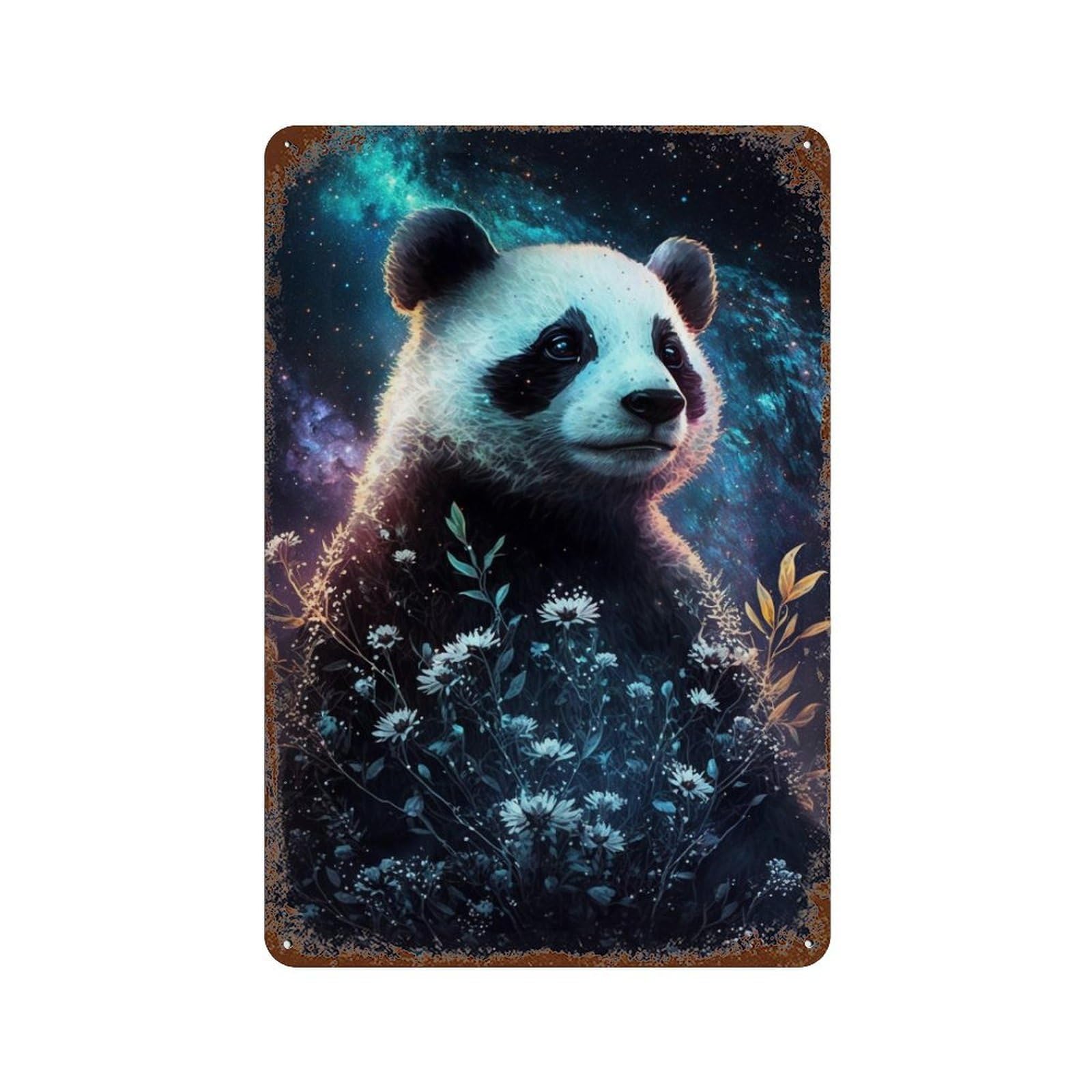 Galactic Panda with Flowers 11.8"x7.9" Vintage Metal Tin Sign, Shabby Chic Decor for Office, Studio And Wall Decor