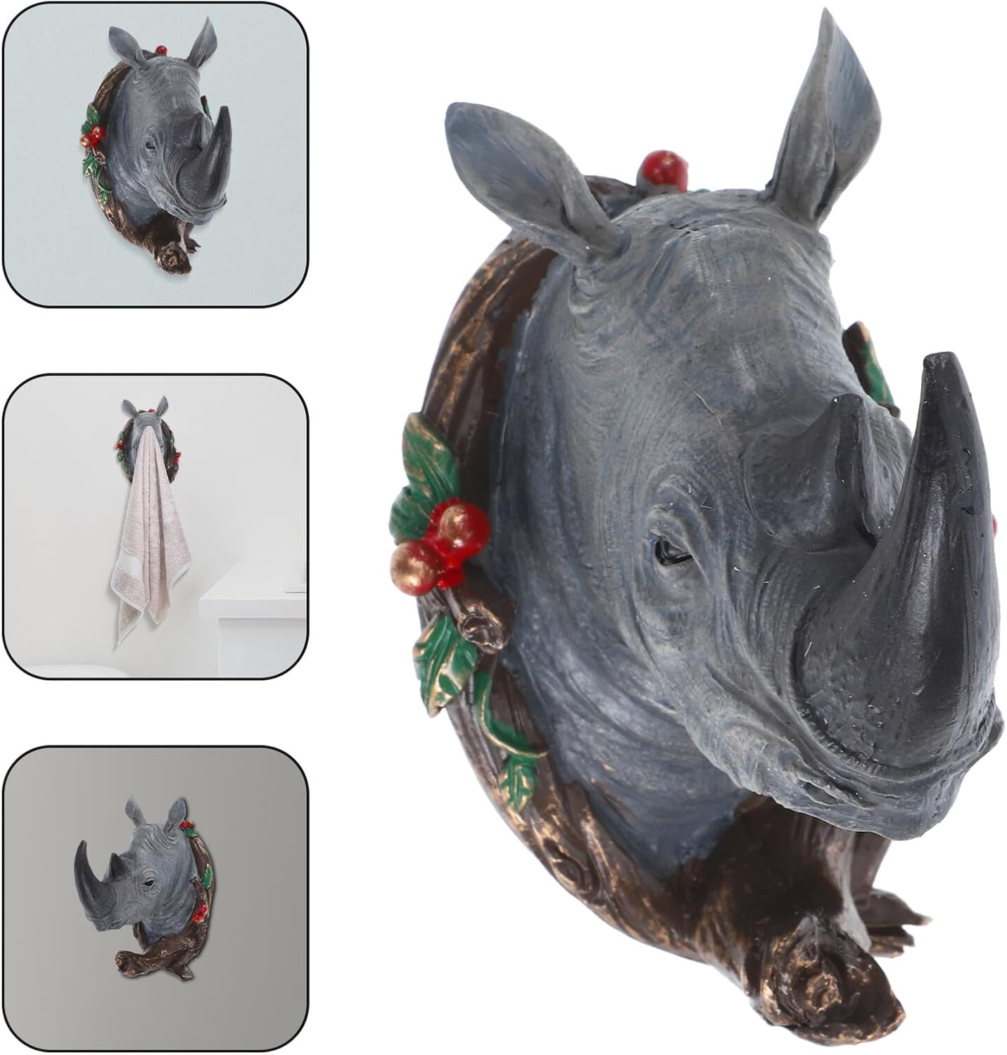 Rhino Head Wall Mount Coat Hooks Decorative Resin Animal Head Hanging Hooks for Bathroom Towels Keys Coats Backpacks Indoor Wall Storage