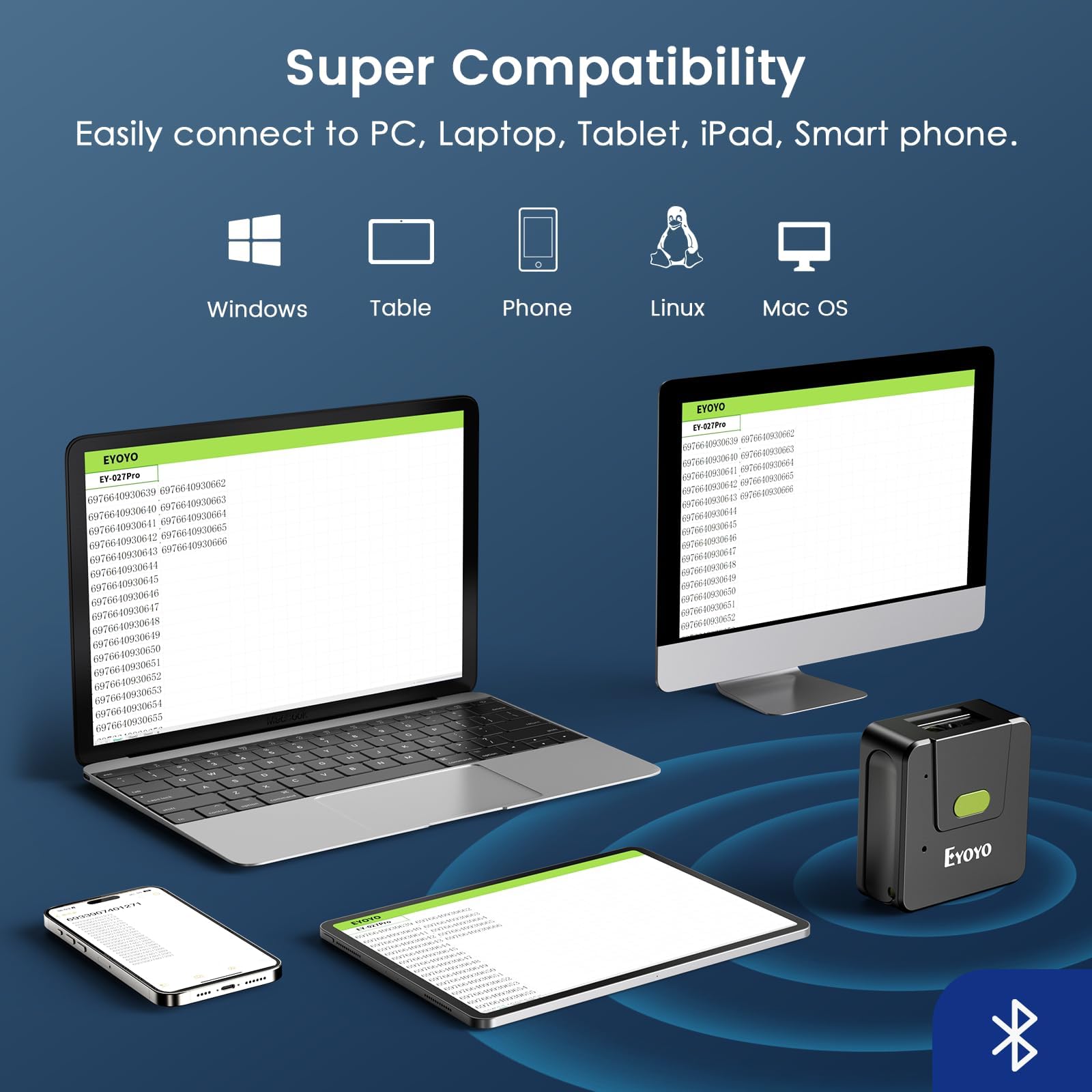 Eyoyo Scanner di codici a barre indossabili 2D: scansione rapida con grande portata, guanto destro e sinistro, anello portatile Bluetooth 1D QR Code Scanner compatibile con iPhone iPad Android Phone