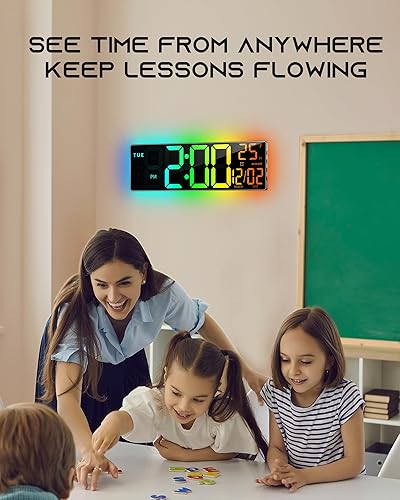 Vista 6 de Reloj de pared digital grande de 16.5 pulgadas con sincronización BT, luces RGB con control remoto de 11 escenas, alarmas dobles con pantalla LED