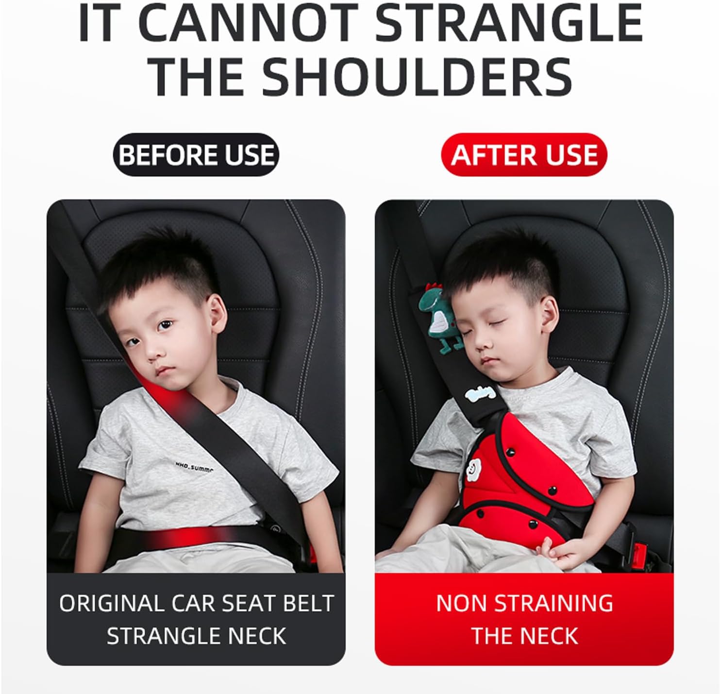 Kids Seat Belt Pad,Shoulder & Belly Comfort Pad for Boys Girls, Soft Breathable Hypoallergenic,3D Cartoon Dinosaur, (Red & Black)