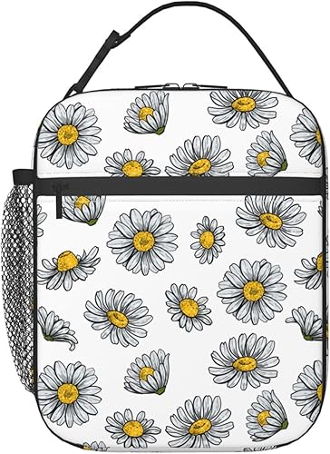 Miniatura 2 de Lonchera con diseño floral de margaritas con bolsillo lateral, bolsa de almuerzo portátil para mujeres y hombres, bolsa de almuerzo aislada,