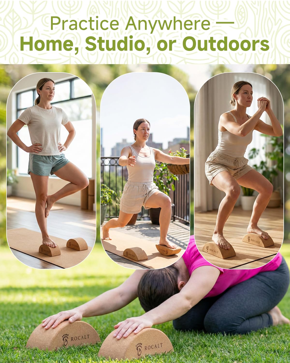 Rocalt Kork-Yoga-Blöcke, Halbmond-Dehnungswerkzeug für Fuß und Wade | Trainings-Guide-Karte, gebogene ergonomische Form, 24,1 x 8,9 x 10,2 cm, für Bögen, Knöchel, Pilates und Reisen