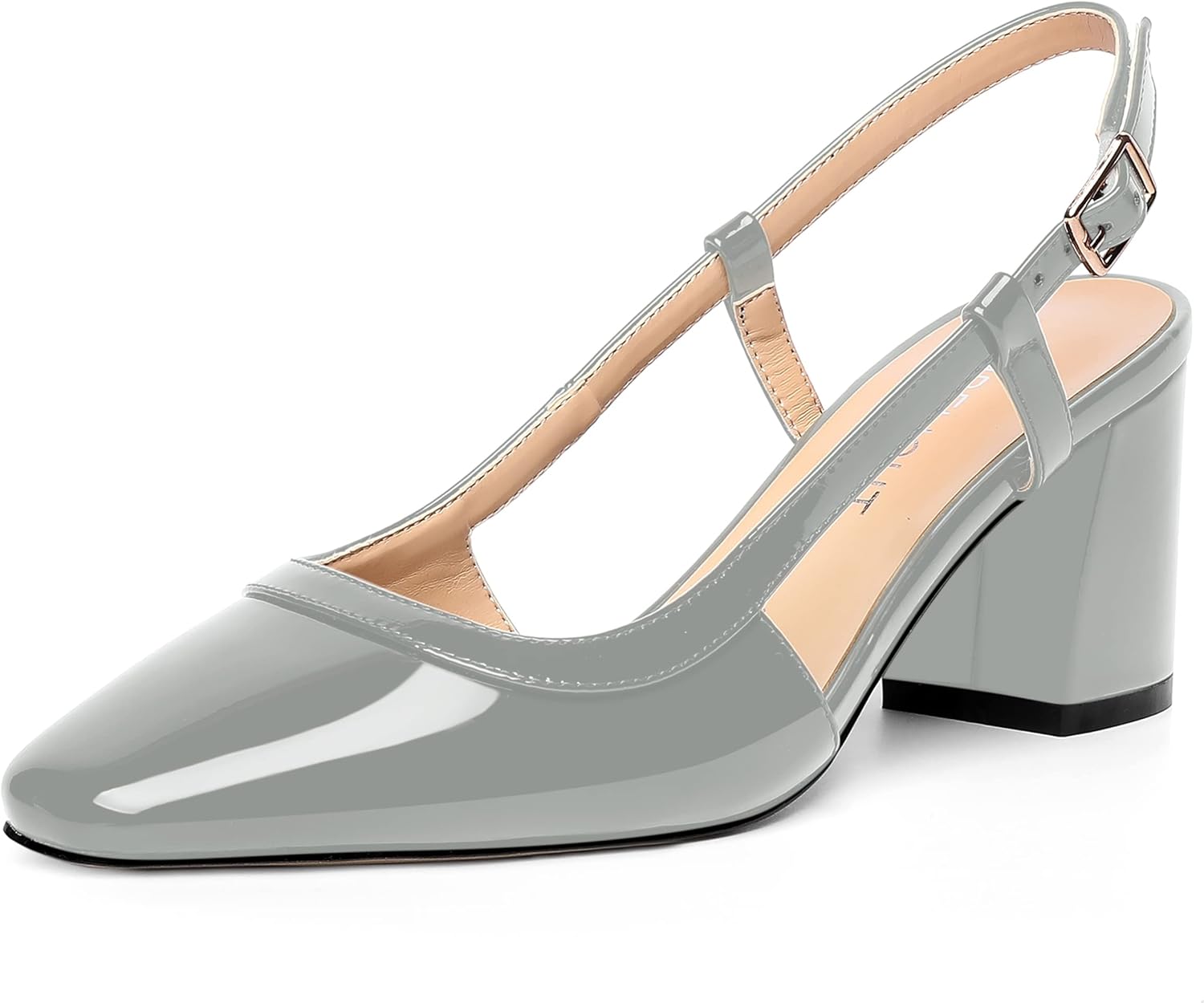 AMBELIGHT Women's Wedding Mid Heel Buckle Square Toe Patent Solid Dress Chunky 2.5 Inch Slingback Pumps Shoes Grey Size 6 - Tacones Altos para Mujer