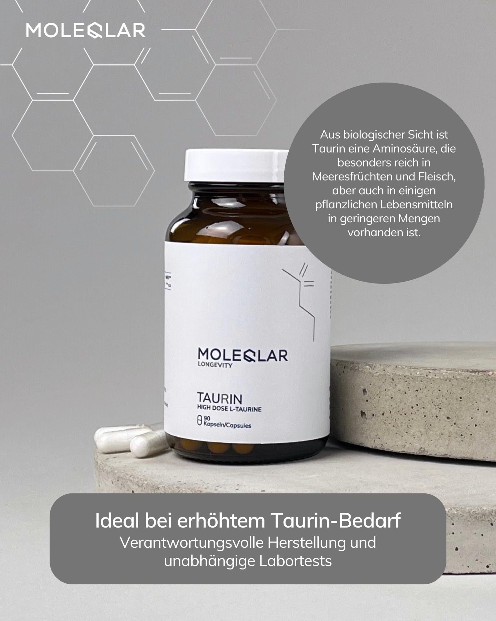 MoleQlar Capsule di taurina 90 pezzi – 2550 mg L-taurina ad alta purezza per porzione – Supporto ottimale in caso di maggiore necessità di taurina – vegano, ad alta purezza, senza OGM