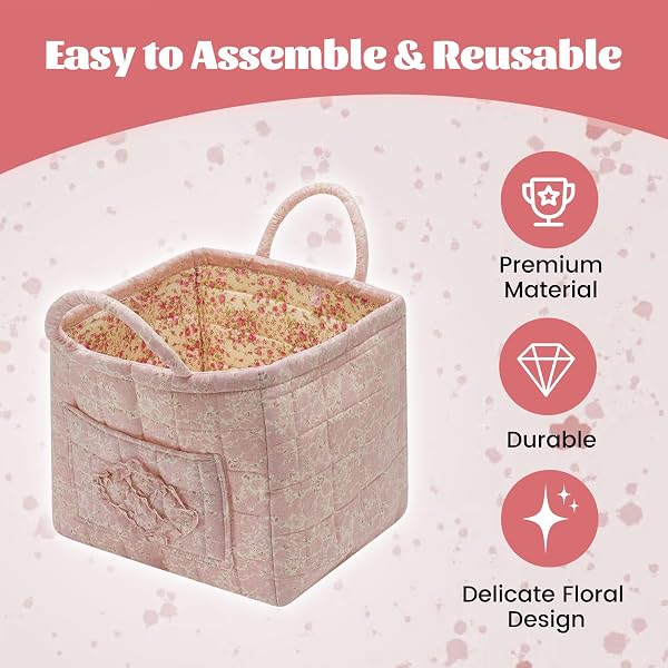 Gesteppter Aufbewahrungskorb aus Stoff con manici e tasca, cesto pieghevole per biancheria, contenitore organizzativo con motivo floreale Boho per casa, picnic, ufficio, 30 cm x 25 cm x 25 cm (A-4) - 5