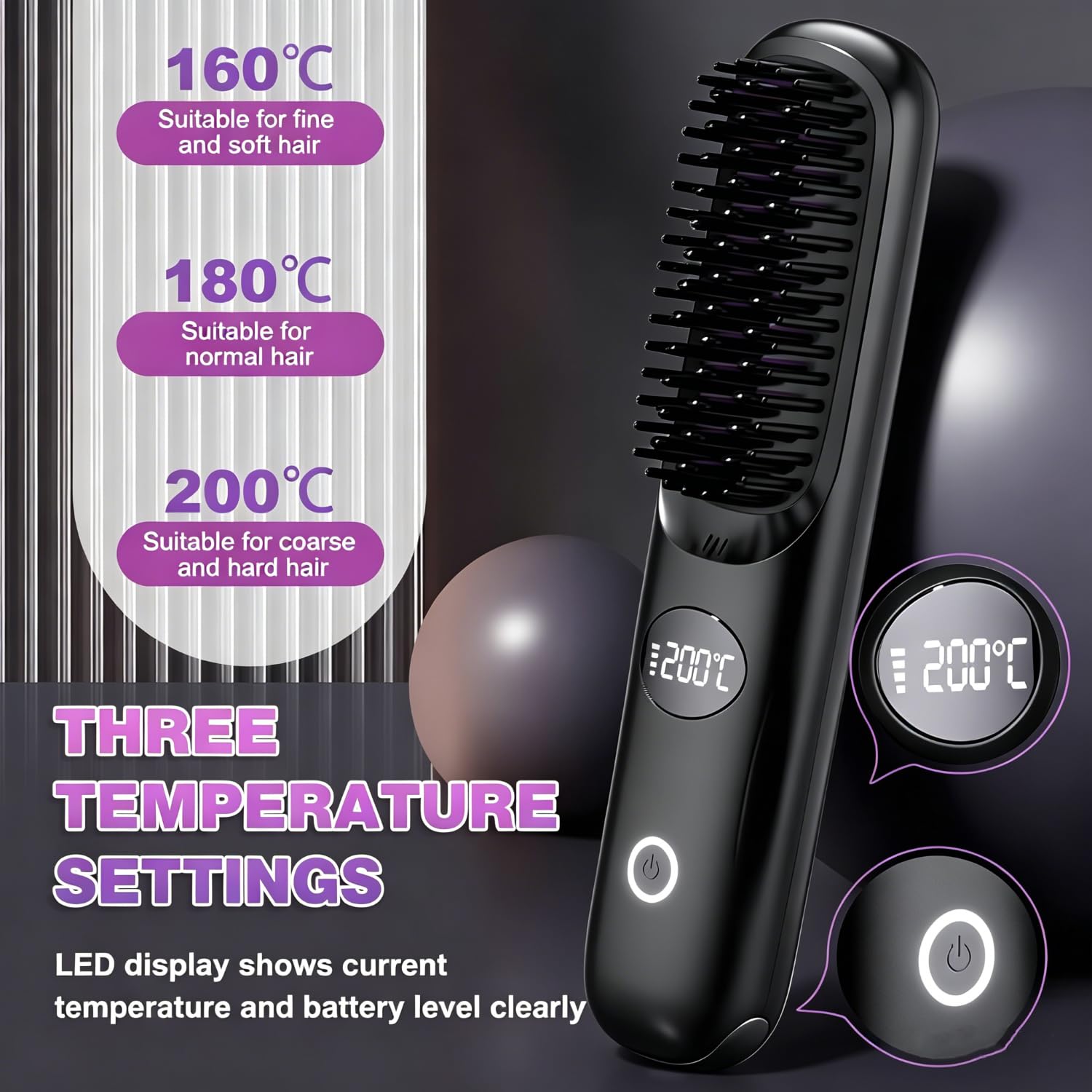 Brosse Lissante Sans Fil, Brosse Chauffante Lissante Portable 200 Millions D'ions Négatifs Anti-BrûLure avec 3 Températures Réglables, Mini Lisseur Rechargeable pour Maison, Voyage