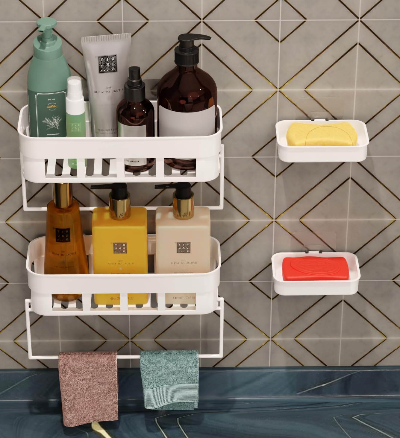 QXORE Self Adhesive Bathroom Shelf/Bathroom Organizer Shelf/Wall Mount Bathroom Accessories (2 Shelf + 2DISH +2 Hanger) (B0CWXM7LVH) Amazon Price History, Amazon Price Tracker