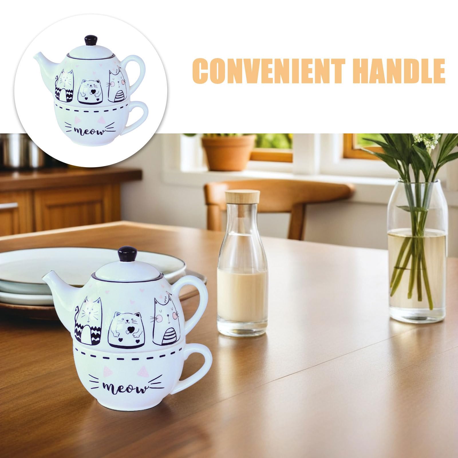 Didiseaon Juego de Té Diseño Original y Elegante de Cerámica Forma de Gato Blanco Tetera y Taza Decorativa para Uso Diario para Aficionados al Té