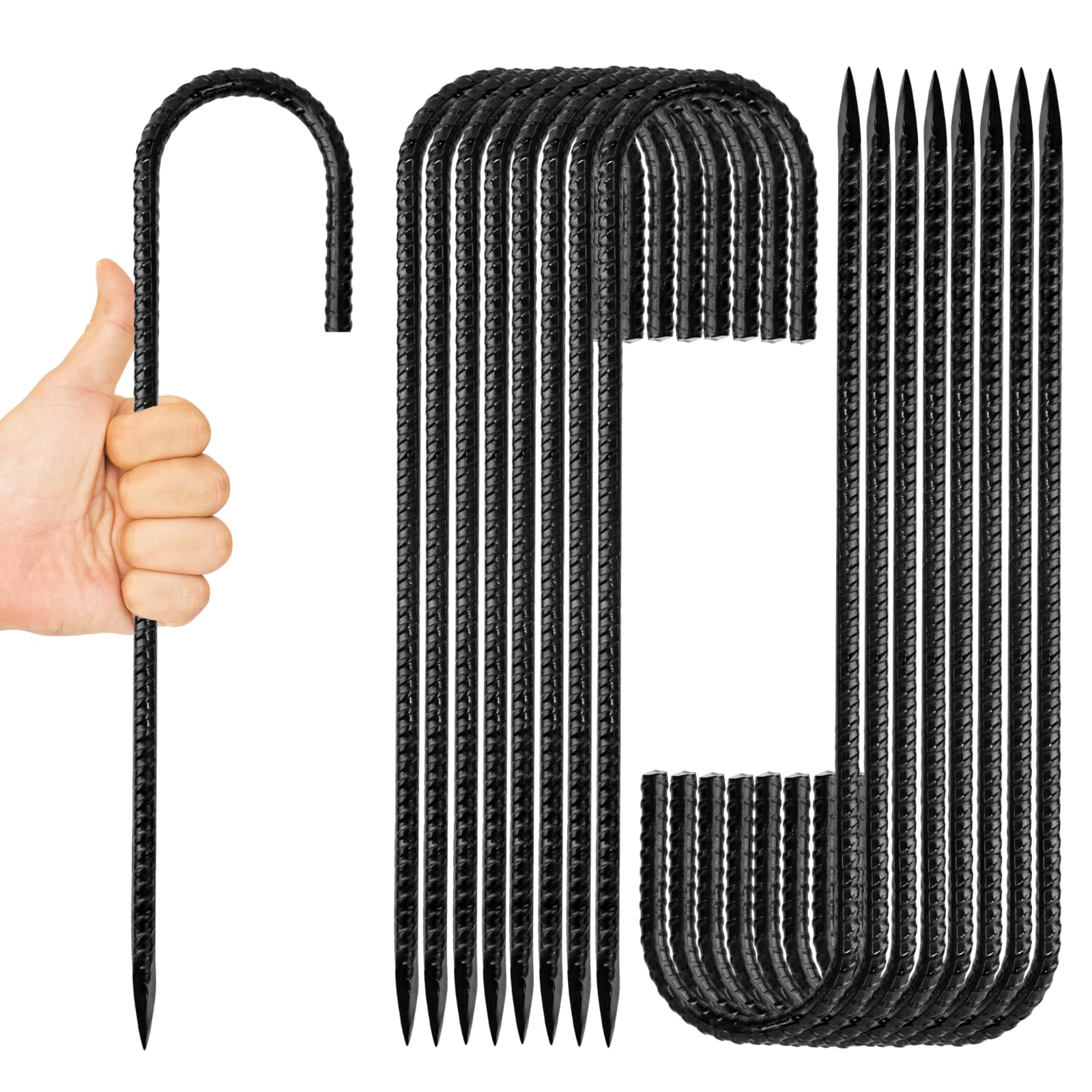 Anothera 16 Pack Heavy Duty Trampoline Stakes, 12 Inches Anchors High Wind Tent Stakes, Rustproof J Shaped Ground Stakes for Camping Tents, Inflatables, Fences, Outdoor Decoration