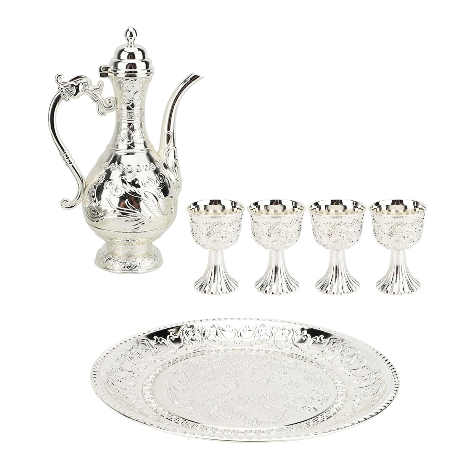 Vintage Turkish Coffee Pot Set for 4 Including Tray, Teapot and Metal Cups Metal Tea Service Set for Home Tea Table Decor,Wedding Ornaments (Silver)