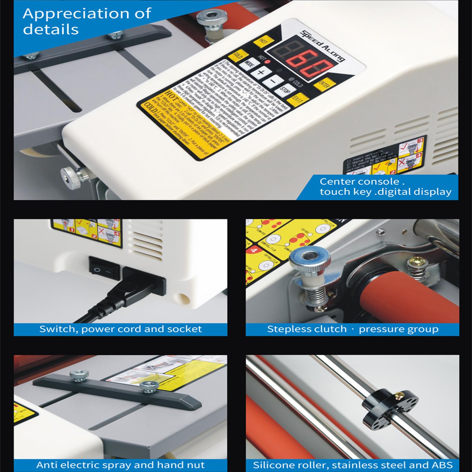 Macchina laminatrice di carta con schermo LCD, fogli di laminazione termica calda e fredda larga 440mm, velocità regolabile 0.3-3M/min, 0-180°C, spessore 0.1-5mm per insegnante di scuola dell'ufficio