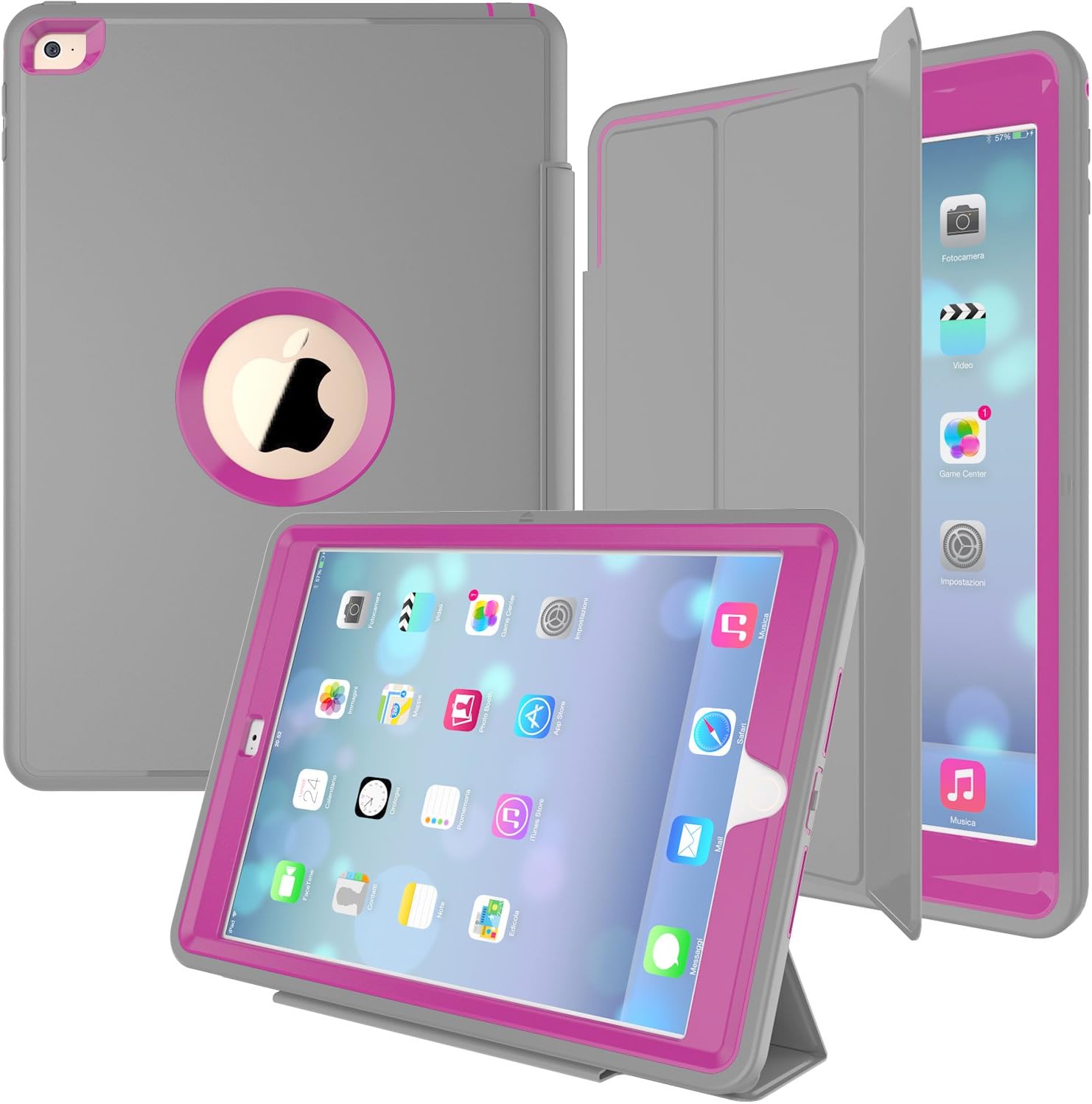 iPad Air 2 case, Smart Case HEAVY DUTY EXTREME Protection/Rugged Slim Dual Layer Protective Cover With Standing 3 in 1 for iPad Air 2 (2014-2016) - Color (Gray+Hot Pink)
